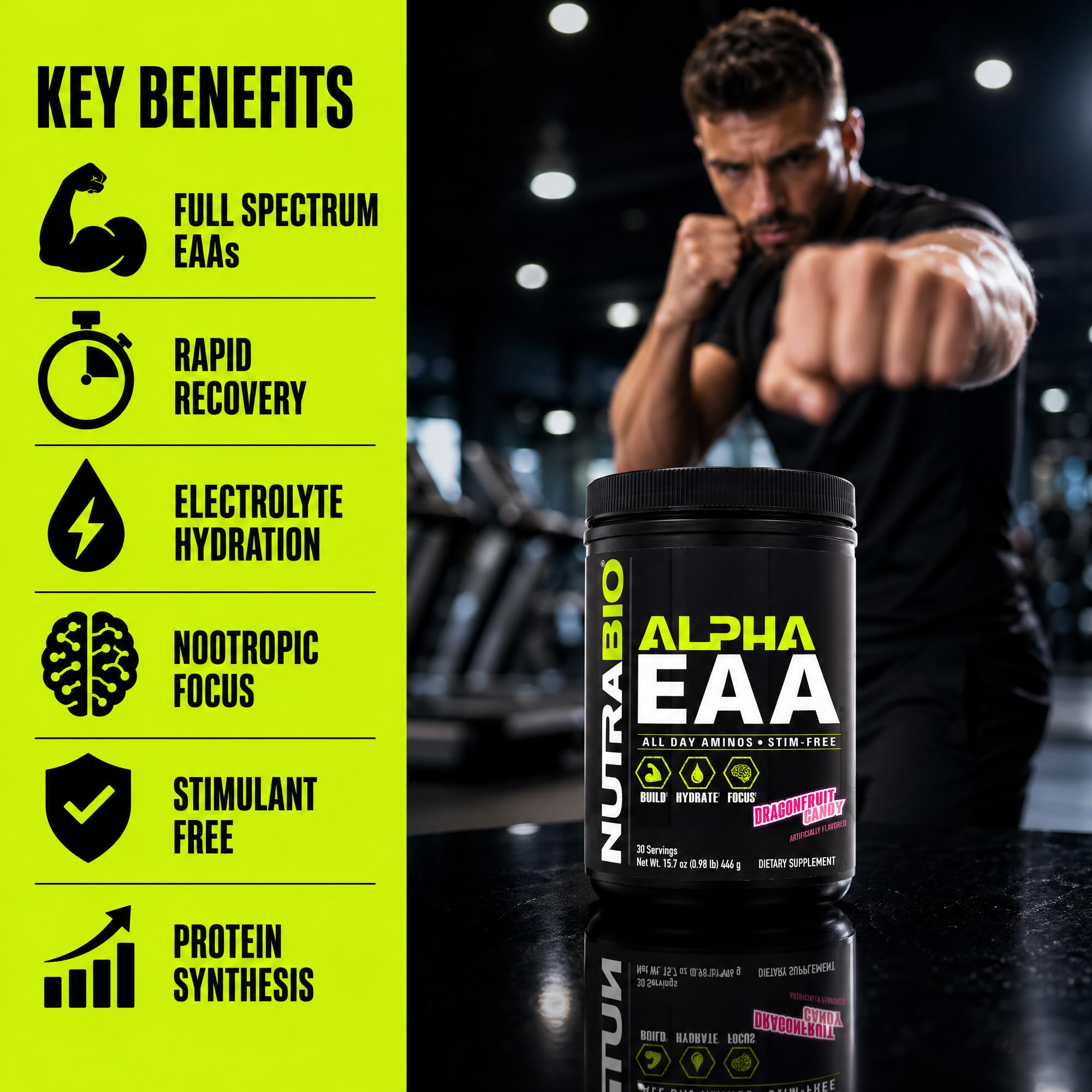 NutraBio Alpha EAA Powder 440g in a kitchen setting