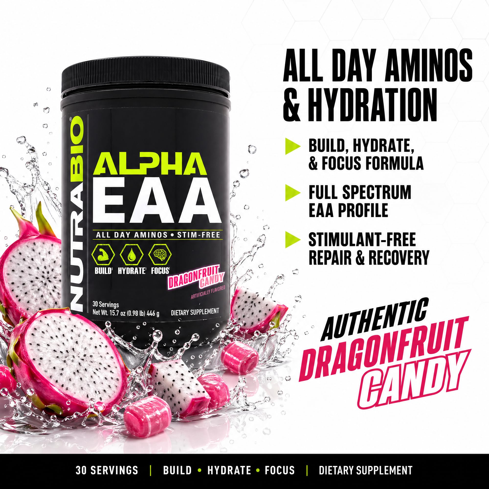NutraBio Alpha EAA Powder 440g with scoop