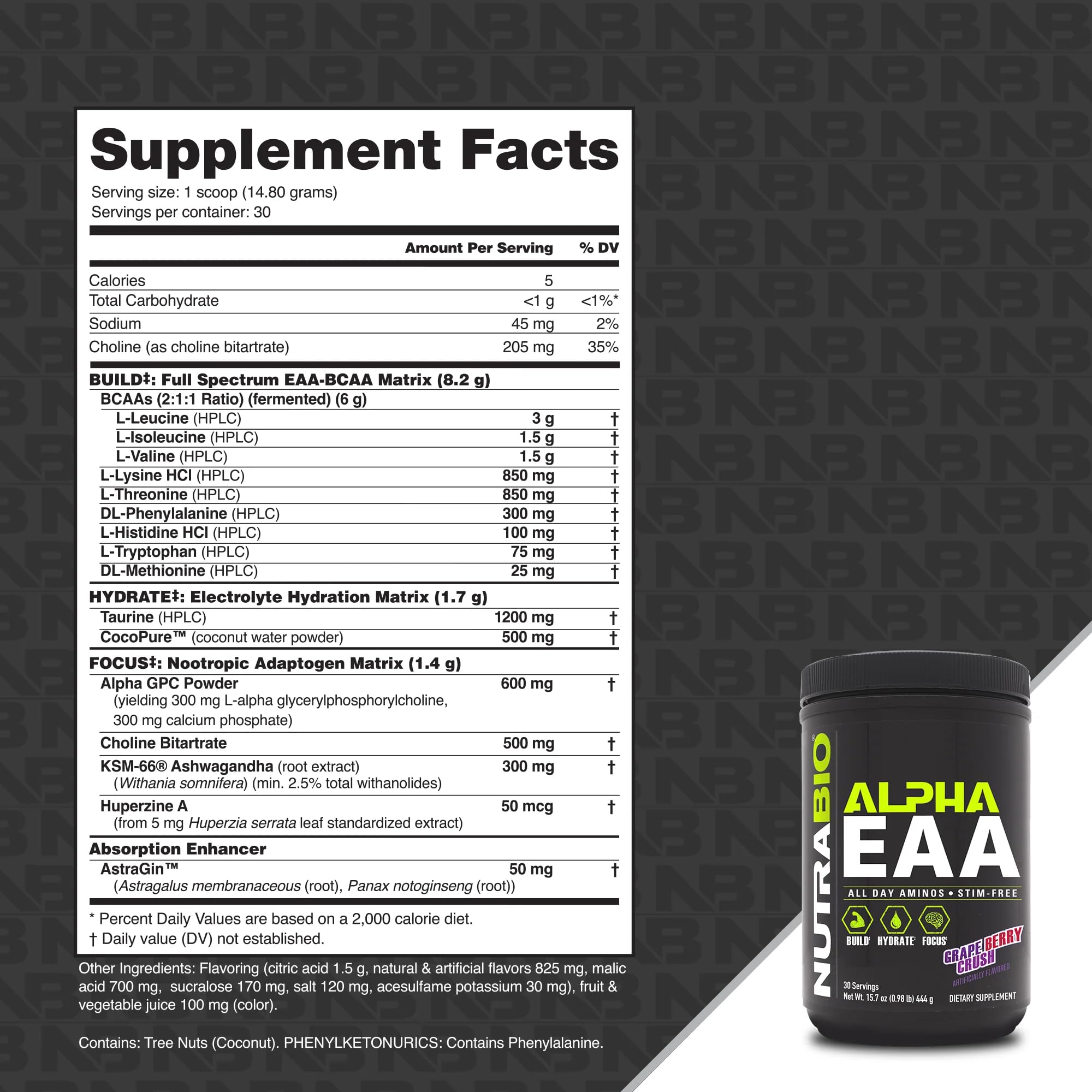 NutraBio Alpha EAA Powder 453g back view with ingredient list