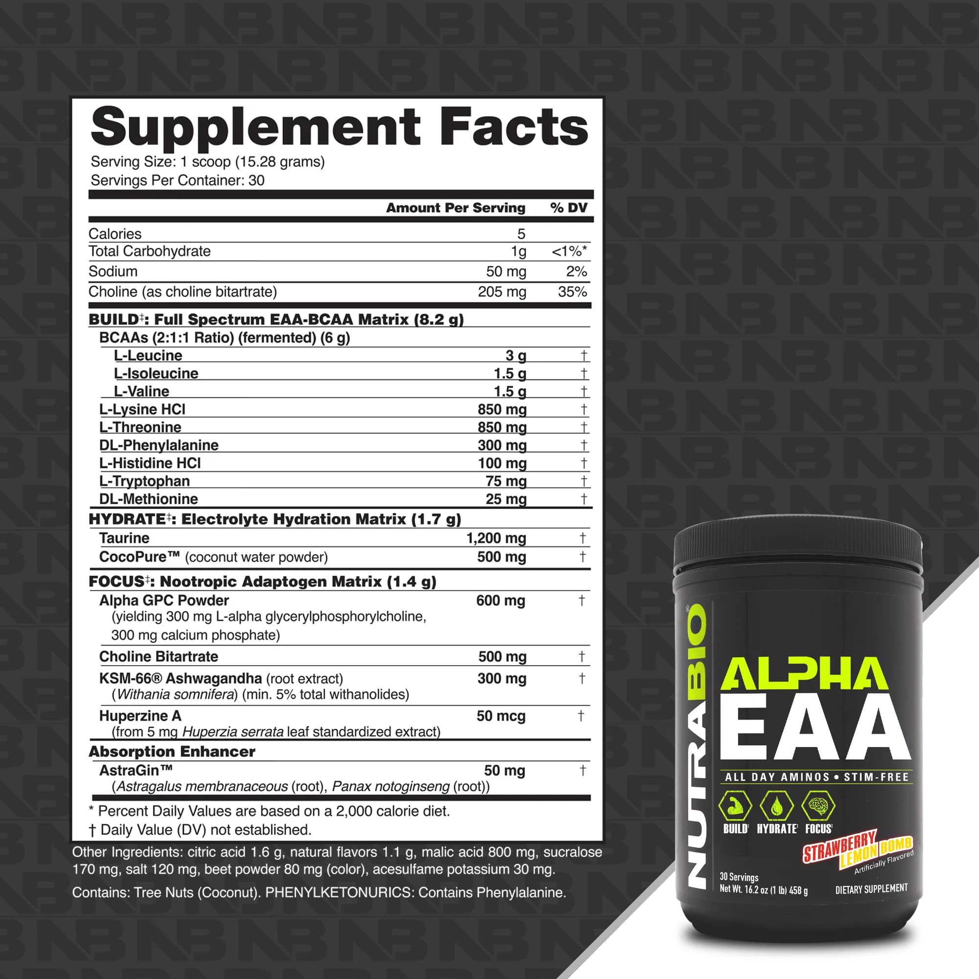 NutraBio Alpha EAA Powder 453g back view with nutritional information