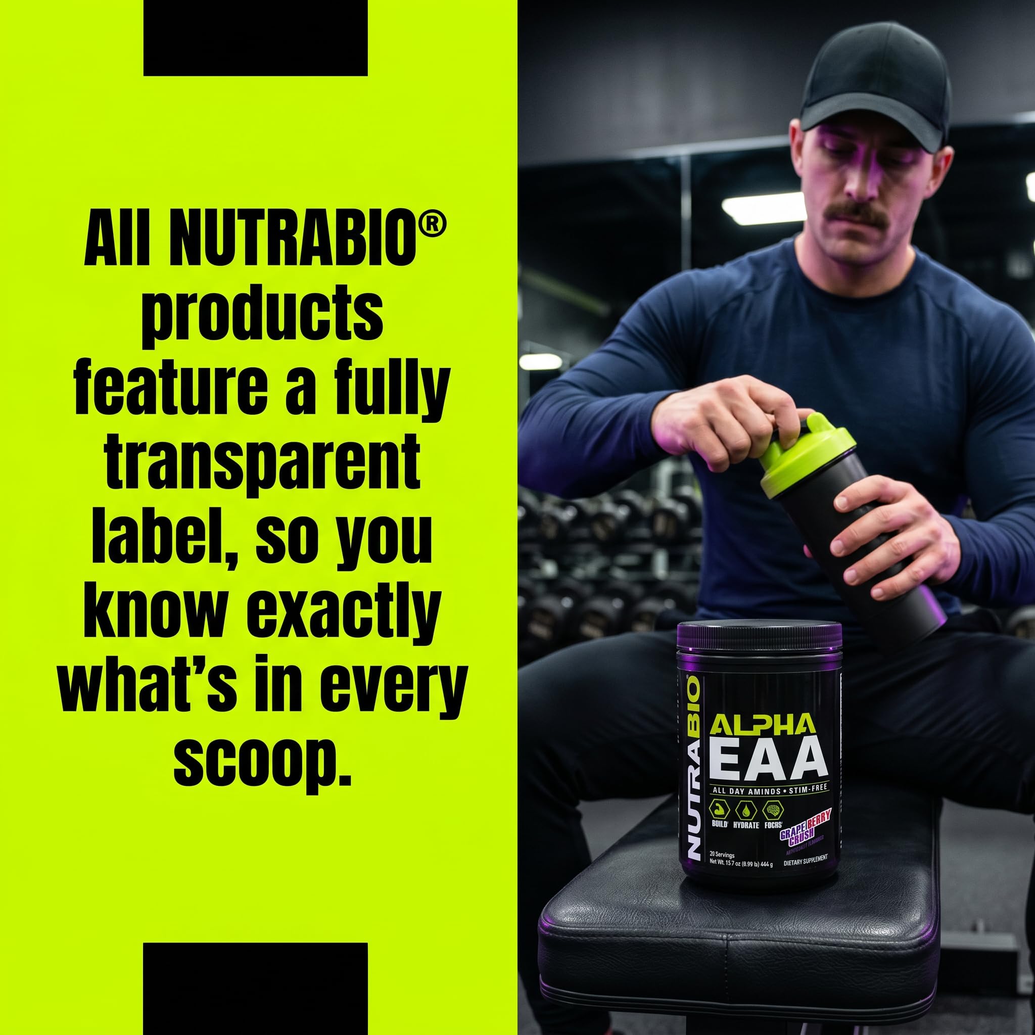 NutraBio Alpha EAA Powder 453g lifestyle scene with gym equipment