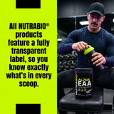 NutraBio Alpha EAA Powder 453g lifestyle scene with gym equipment