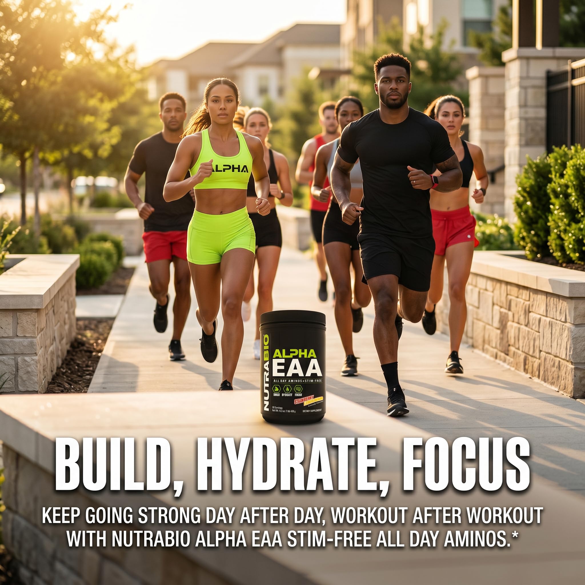 NutraBio Alpha EAA Powder 453g lifestyle scene with shaker