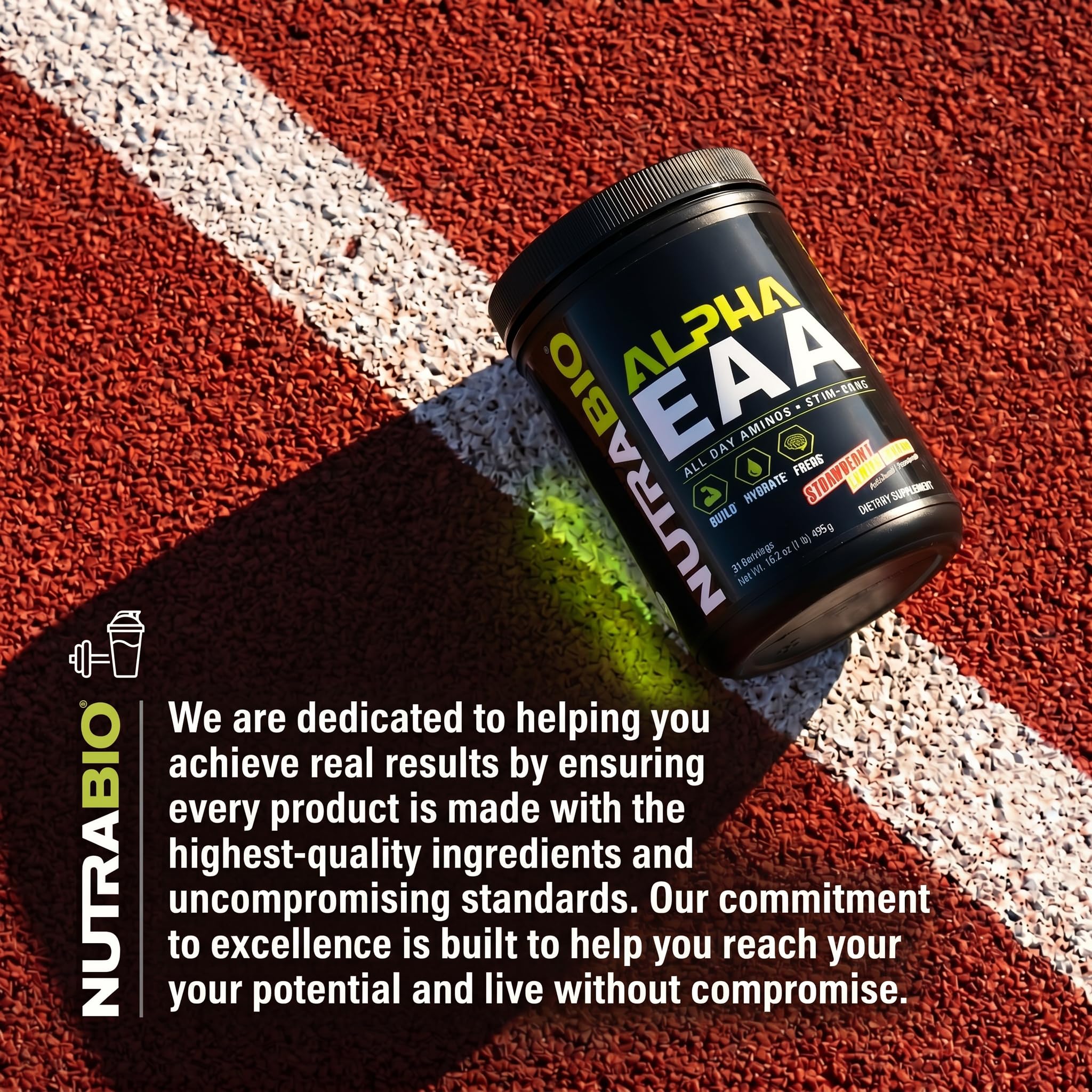 NutraBio Alpha EAA Powder 453g on a gym bench