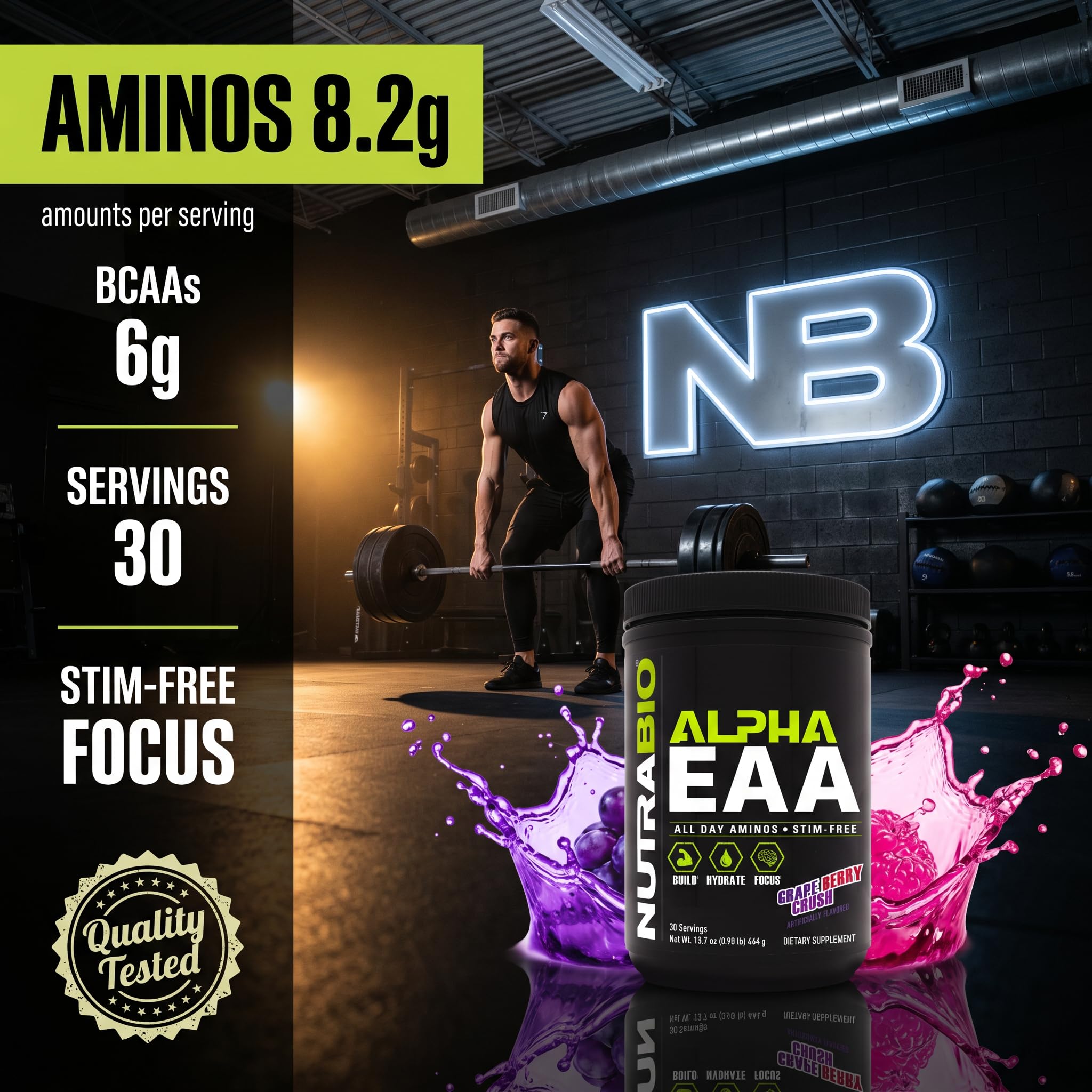NutraBio Alpha EAA Powder 453g packaging with branding