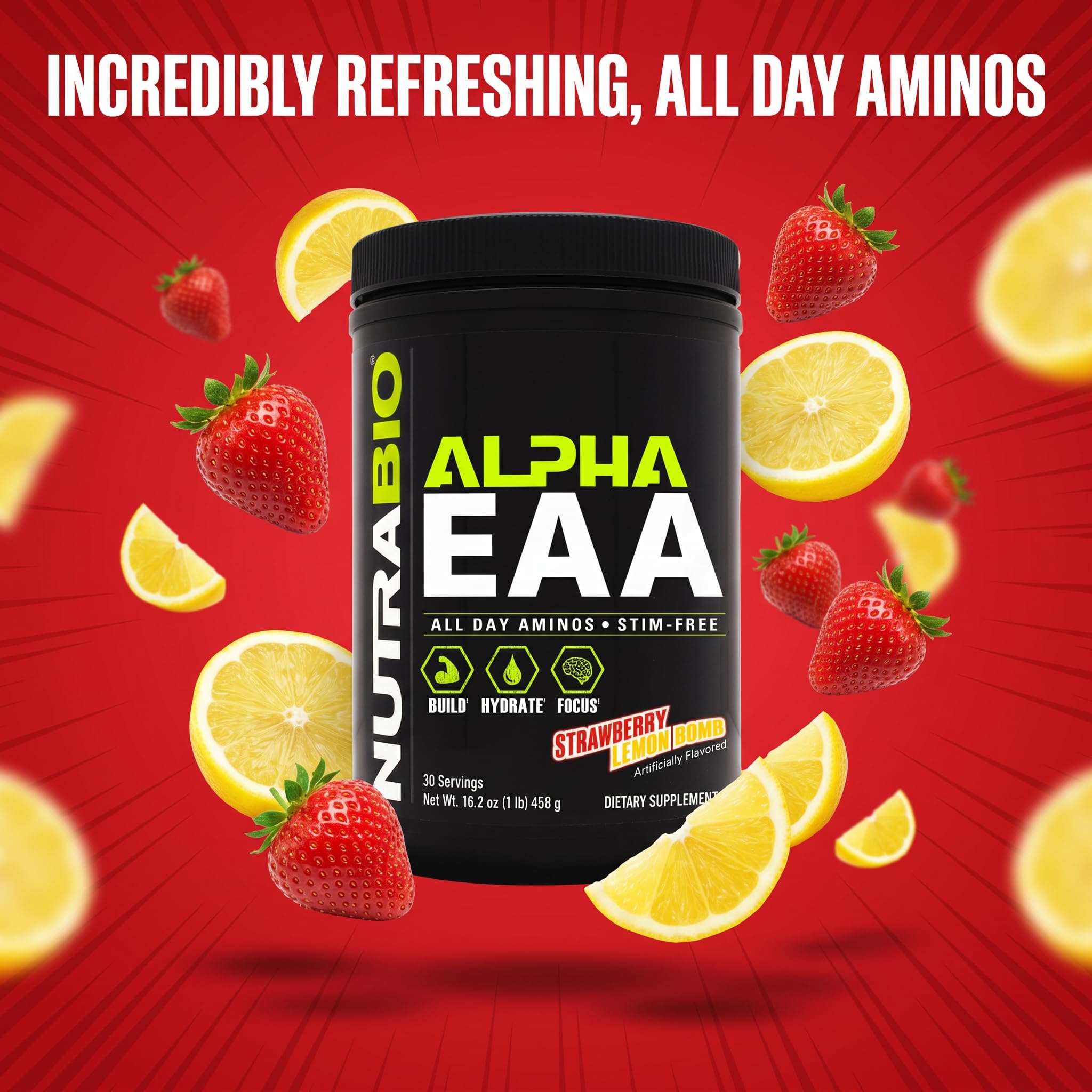 NutraBio Alpha EAA Powder 453g scoop with powder