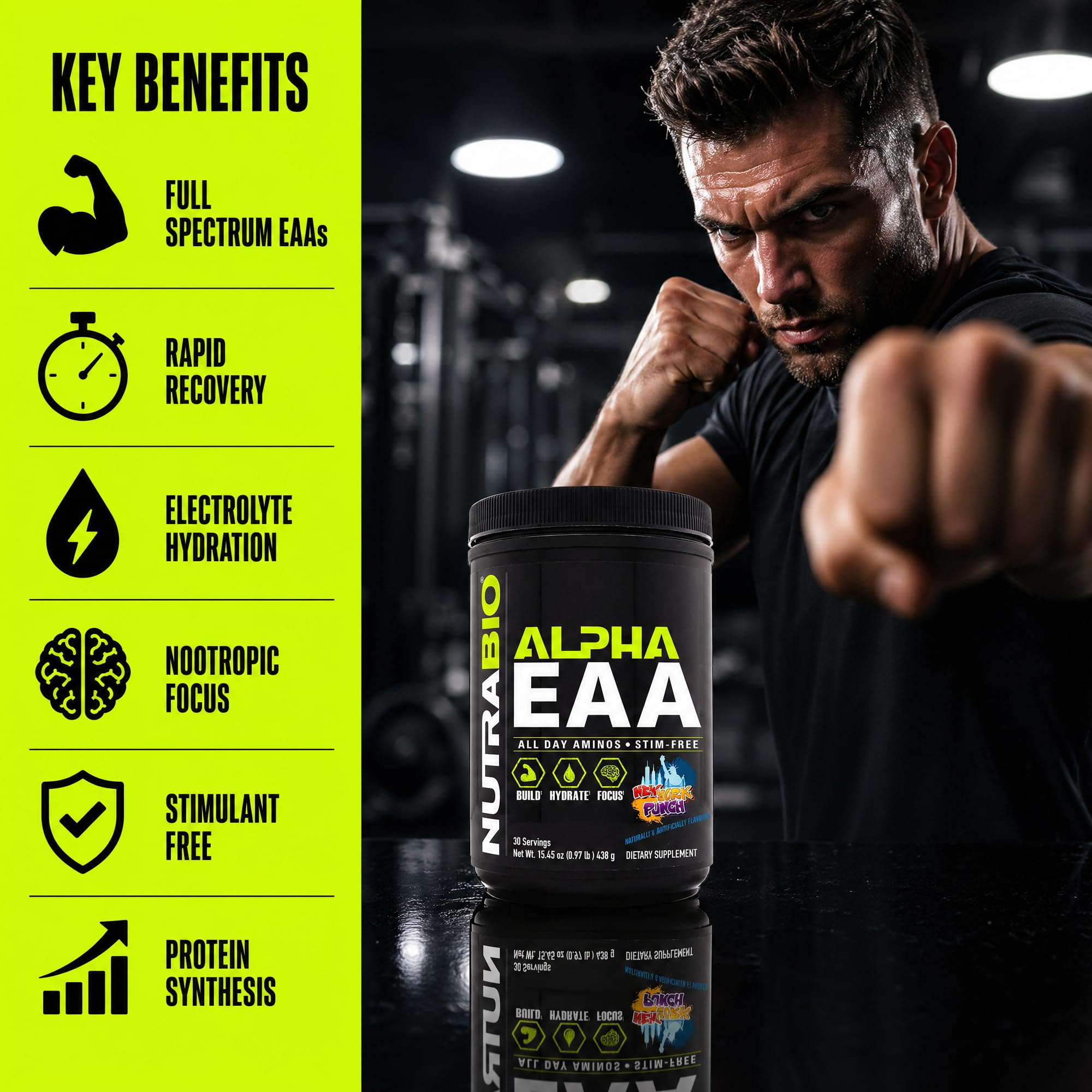 NutraBio Alpha EAA Powder 453g scoop with powder