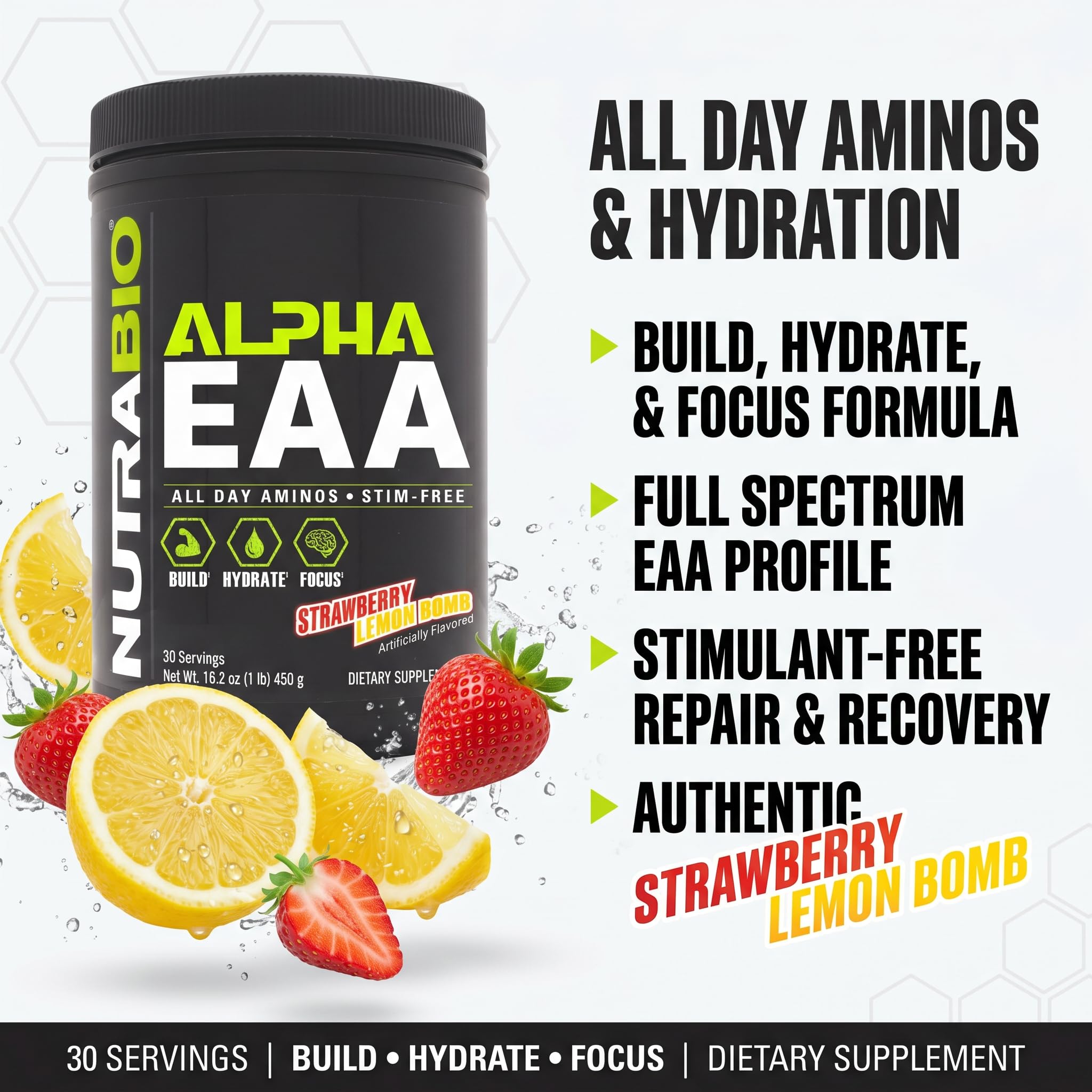 NutraBio Alpha EAA Powder 453g side view showing packaging