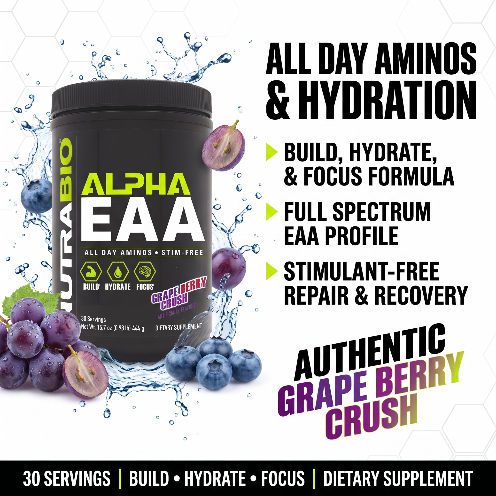 NutraBio Alpha EAA Powder 453g side view showing packaging