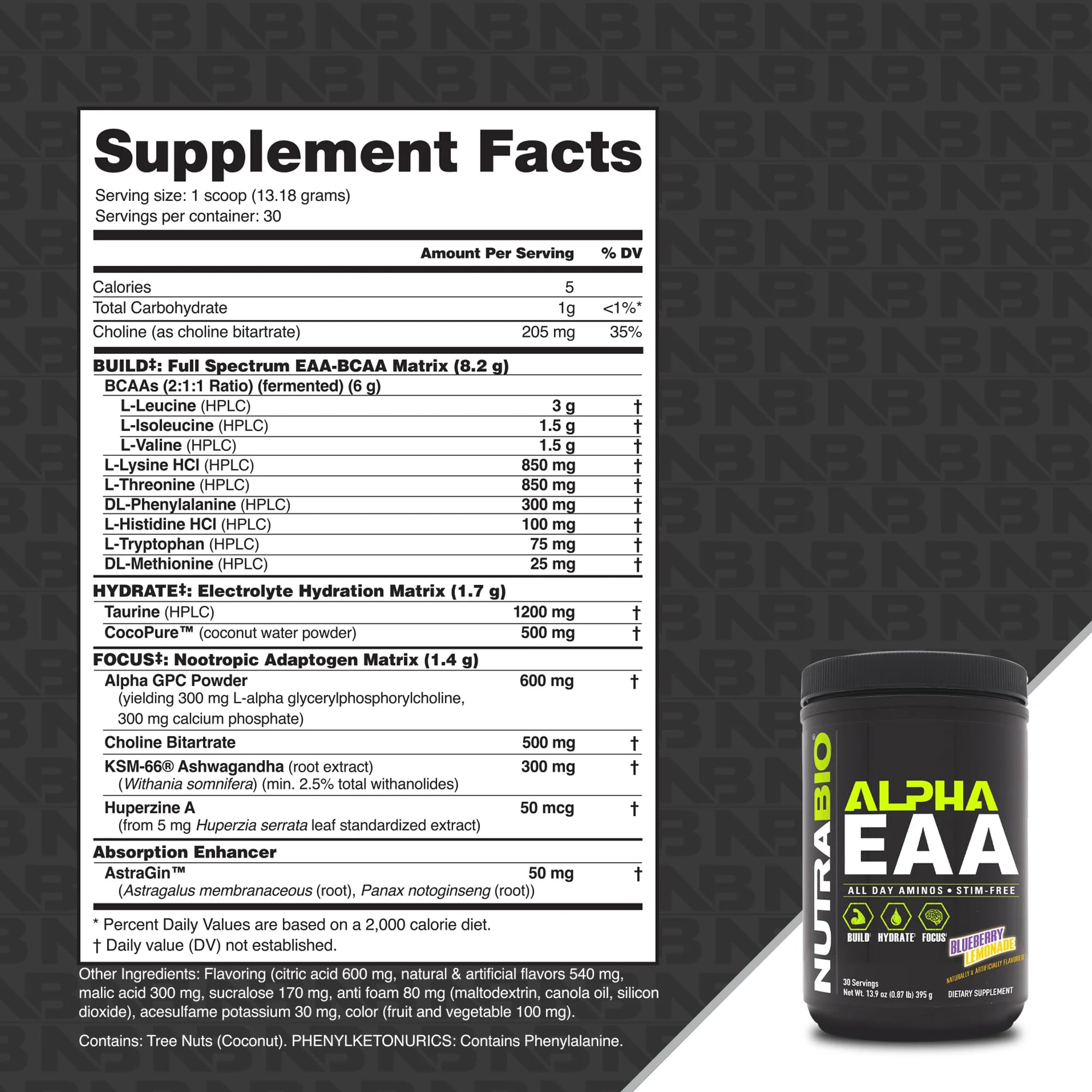 NutraBio Alpha EAA Powder 472g back view with nutritional information