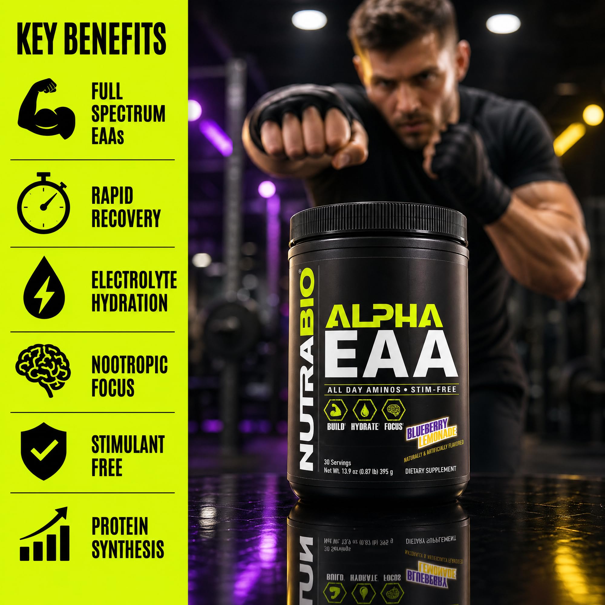 NutraBio Alpha EAA Powder 472g in a glass of water