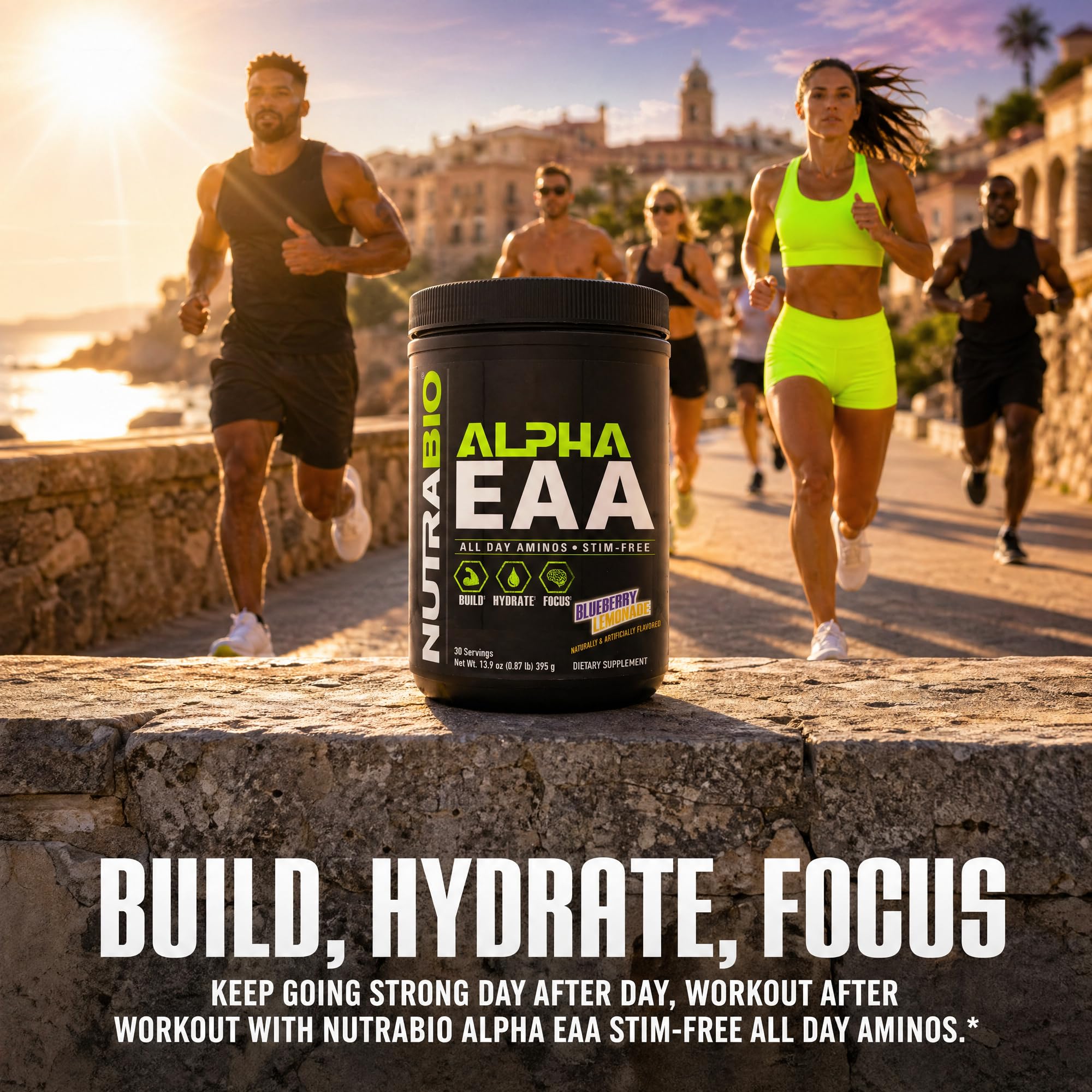 NutraBio Alpha EAA Powder 472g lifestyle scene with gym equipment