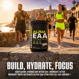 NutraBio Alpha EAA Powder 472g lifestyle scene with gym equipment