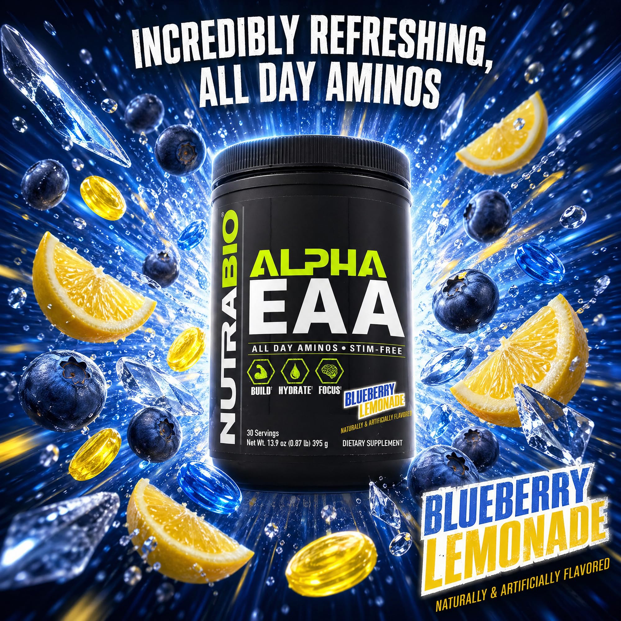 NutraBio Alpha EAA Powder 472g scoop with powder