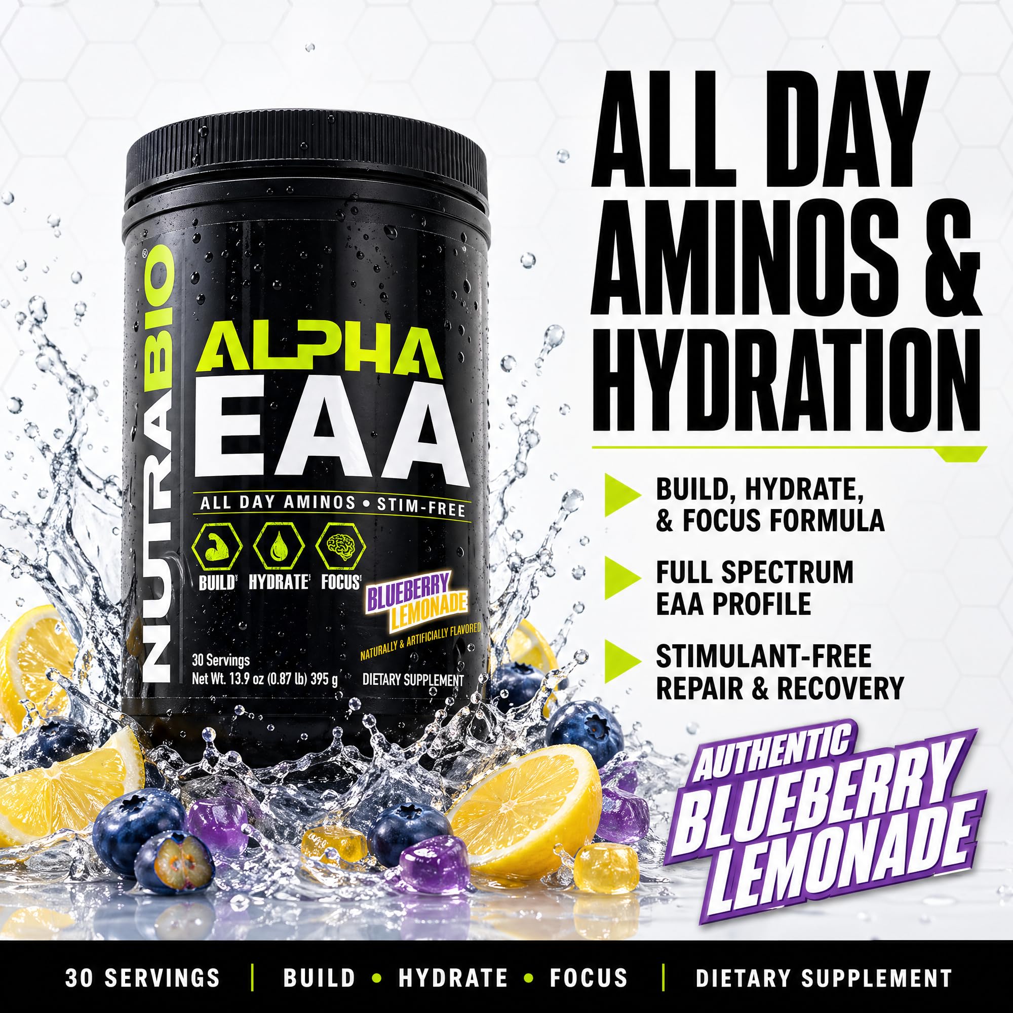 NutraBio Alpha EAA Powder 472g side view showing packaging