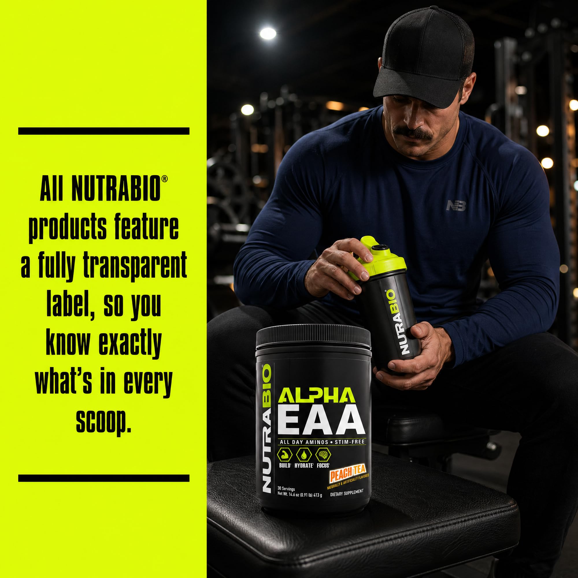 NutraBio Alpha EAA Powder 481g in a gym setting