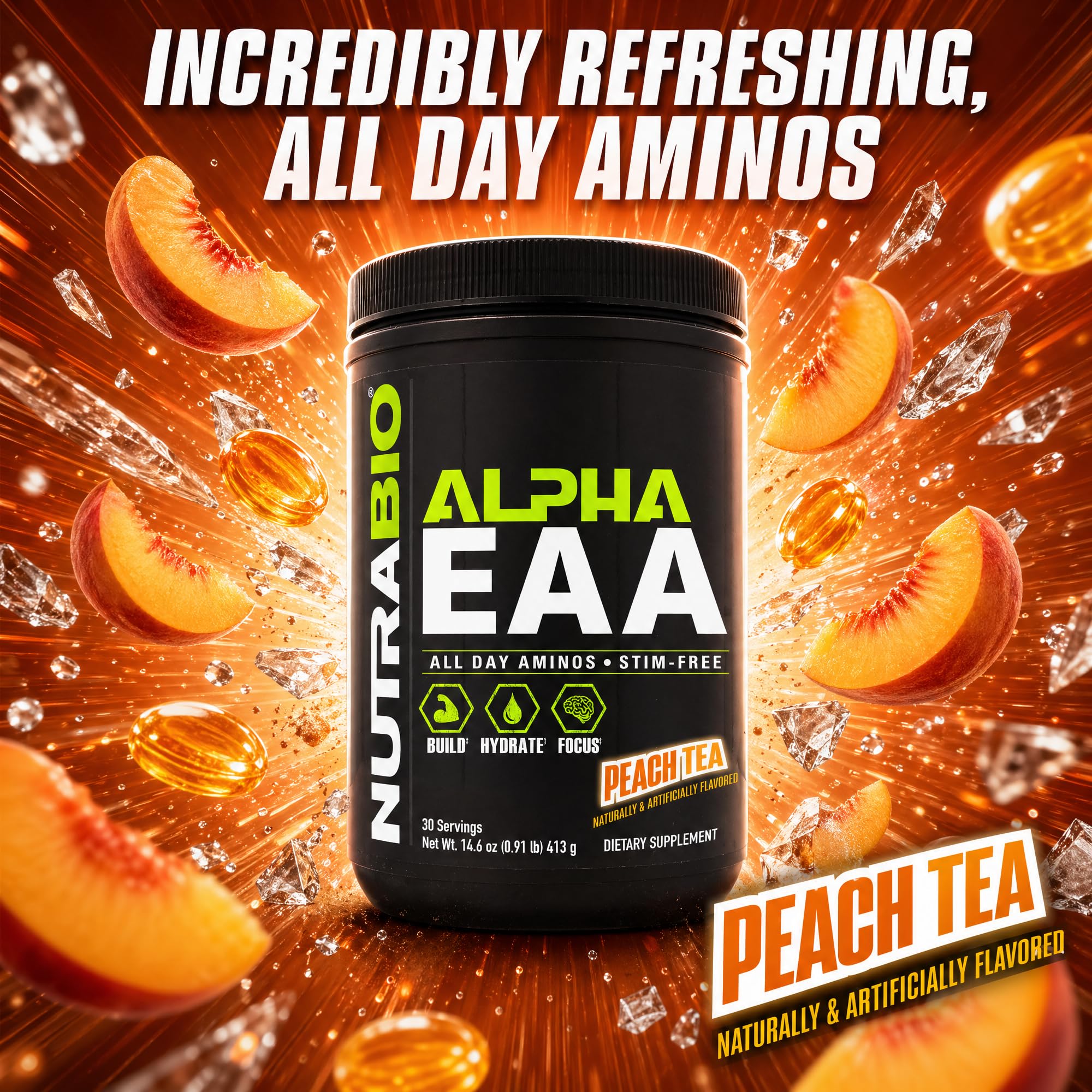 NutraBio Alpha EAA Powder 481g scoop and powder