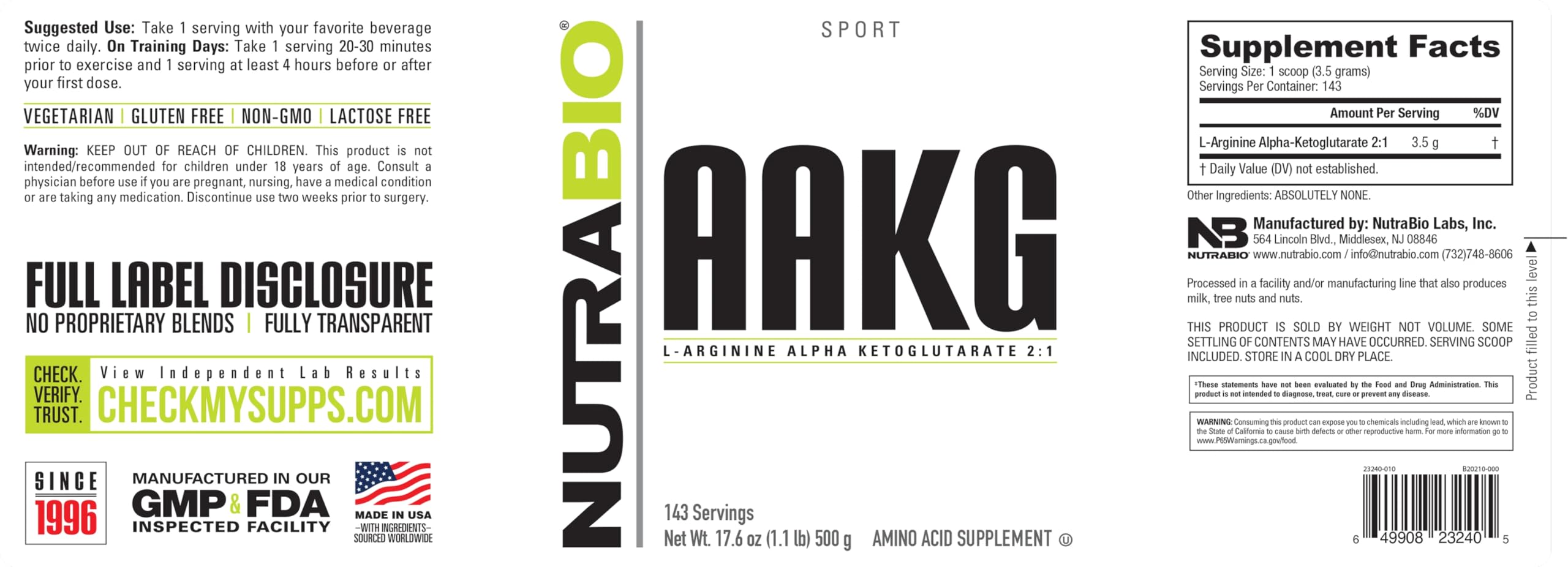 NutraBio Arginine AKG Supplement 500g back view