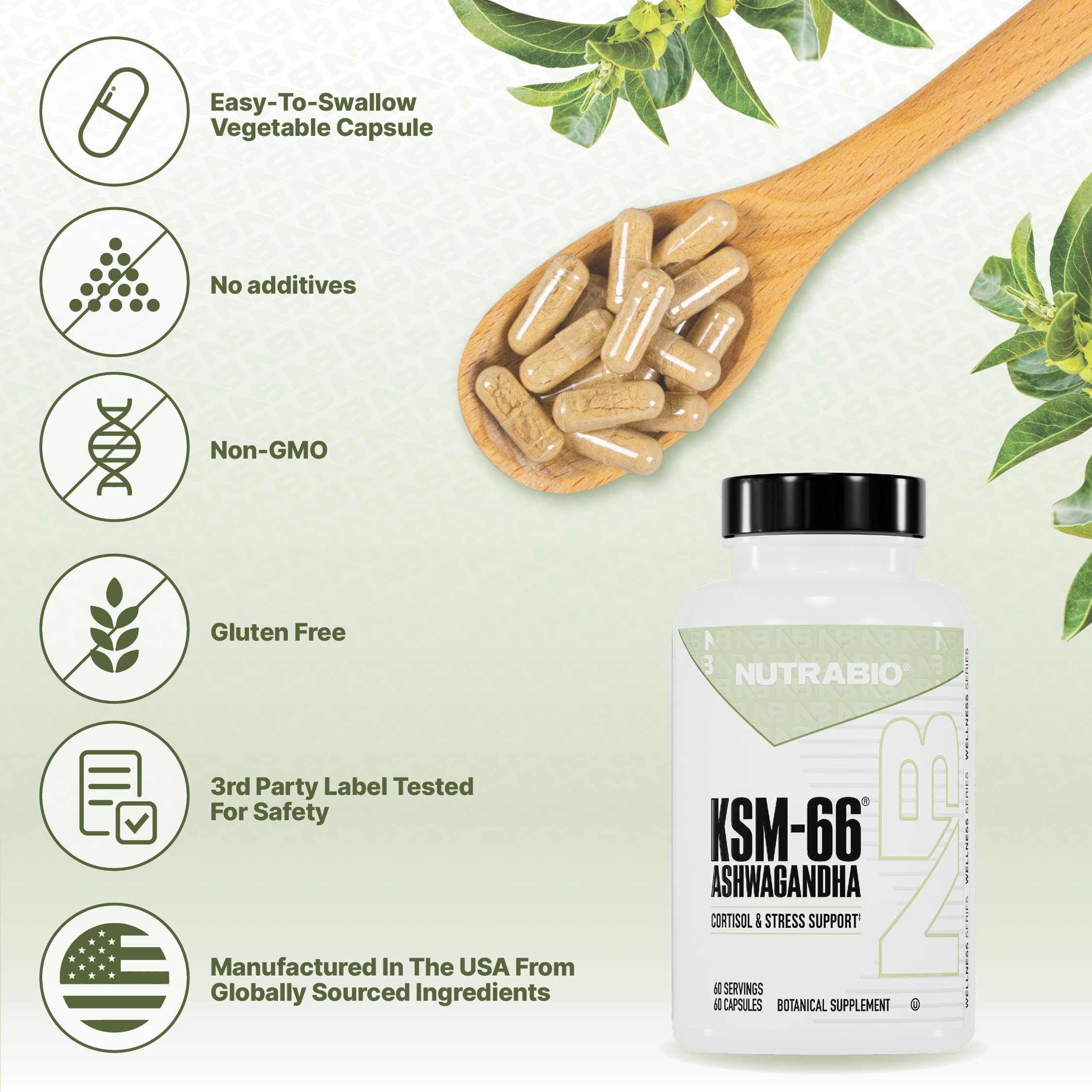 NutraBio Ashwagandha capsules in a lifestyle setting