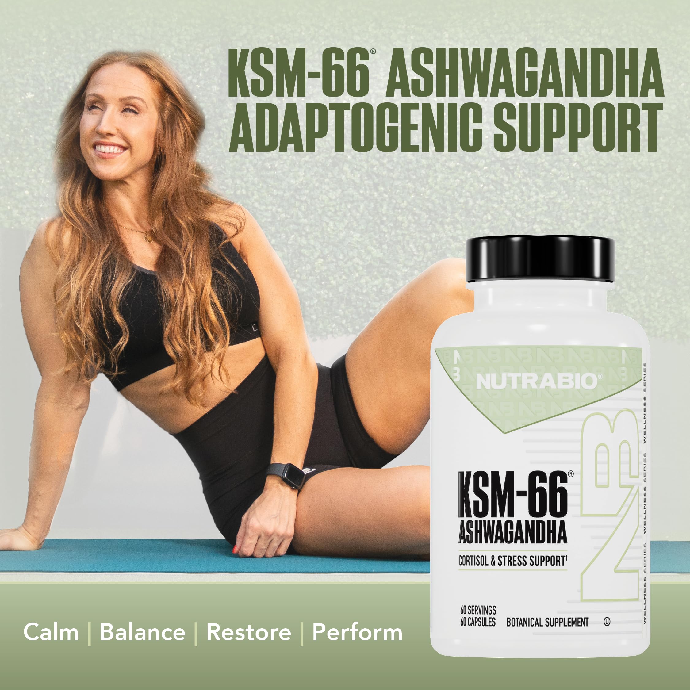 NutraBio Ashwagandha capsules side view showing dosage