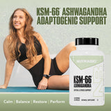 NutraBio Ashwagandha capsules side view showing dosage