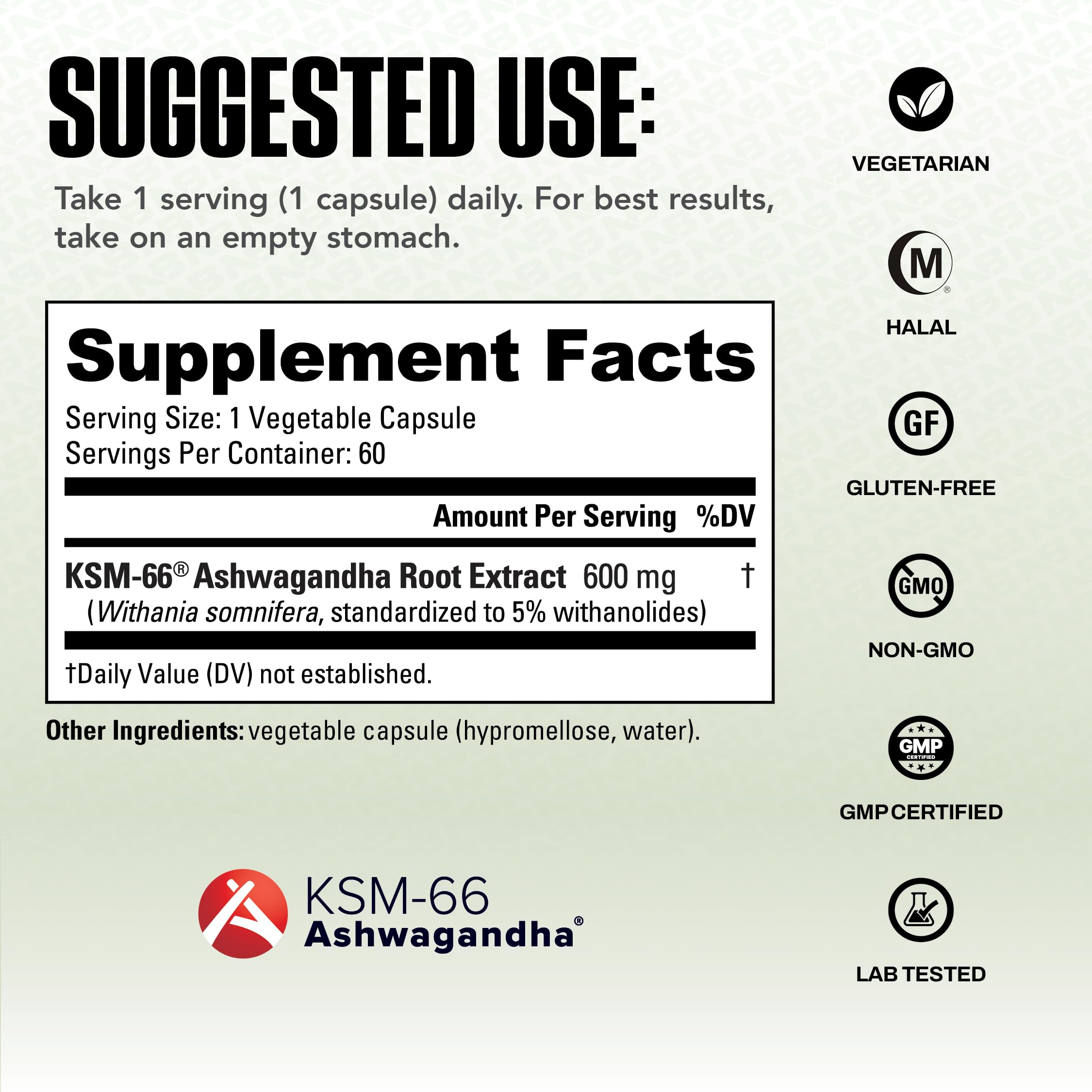NutraBio Ashwagandha capsules with ingredients list