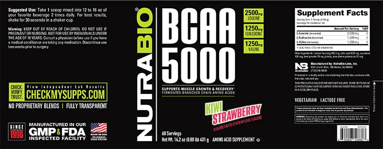 NutraBio BCAA 5000 444g scoop showing powder
