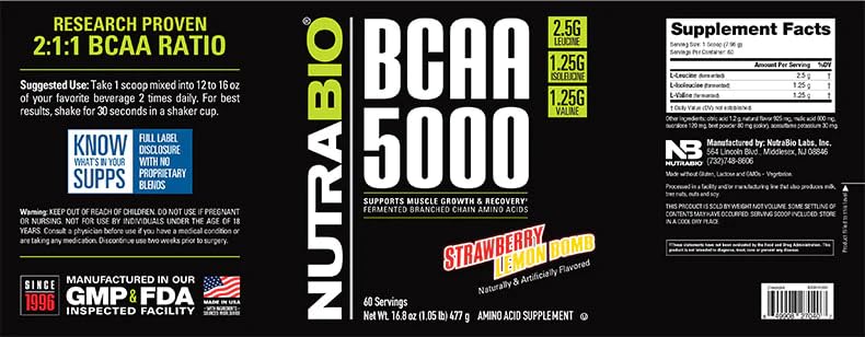 NutraBio BCAA 5000 444g side view showing label details