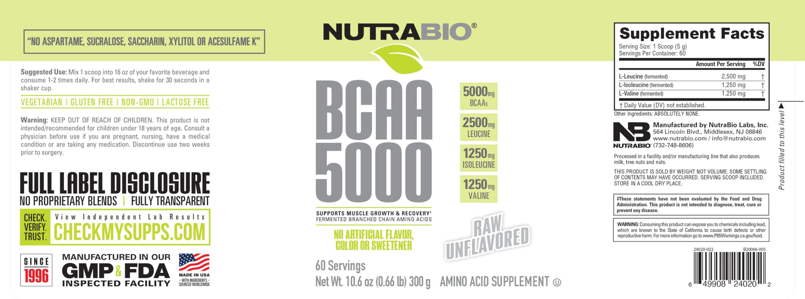 NutraBio BCAA Natural 372g top view of container