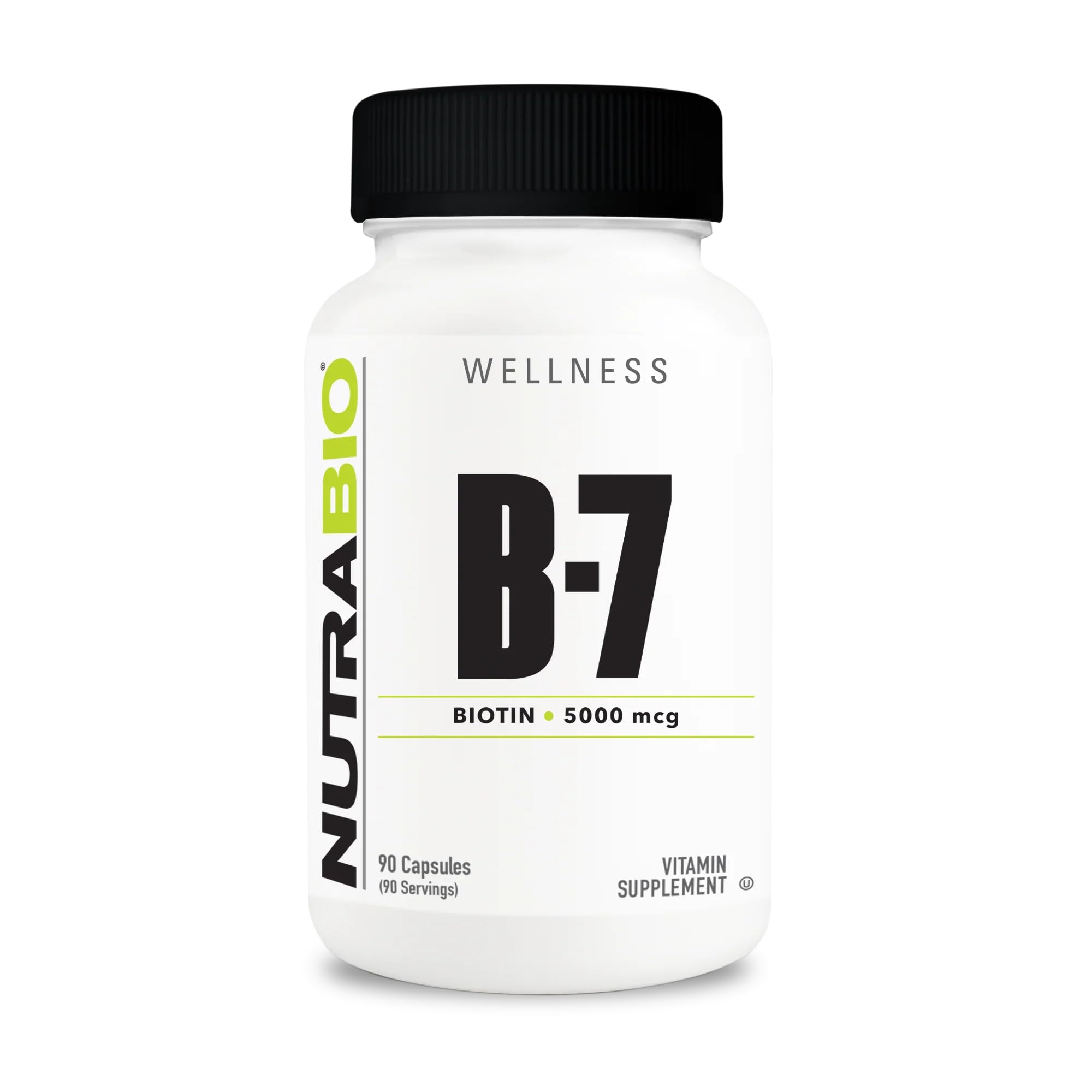 NutraBio Biotin B-7 supplement front view with packaging