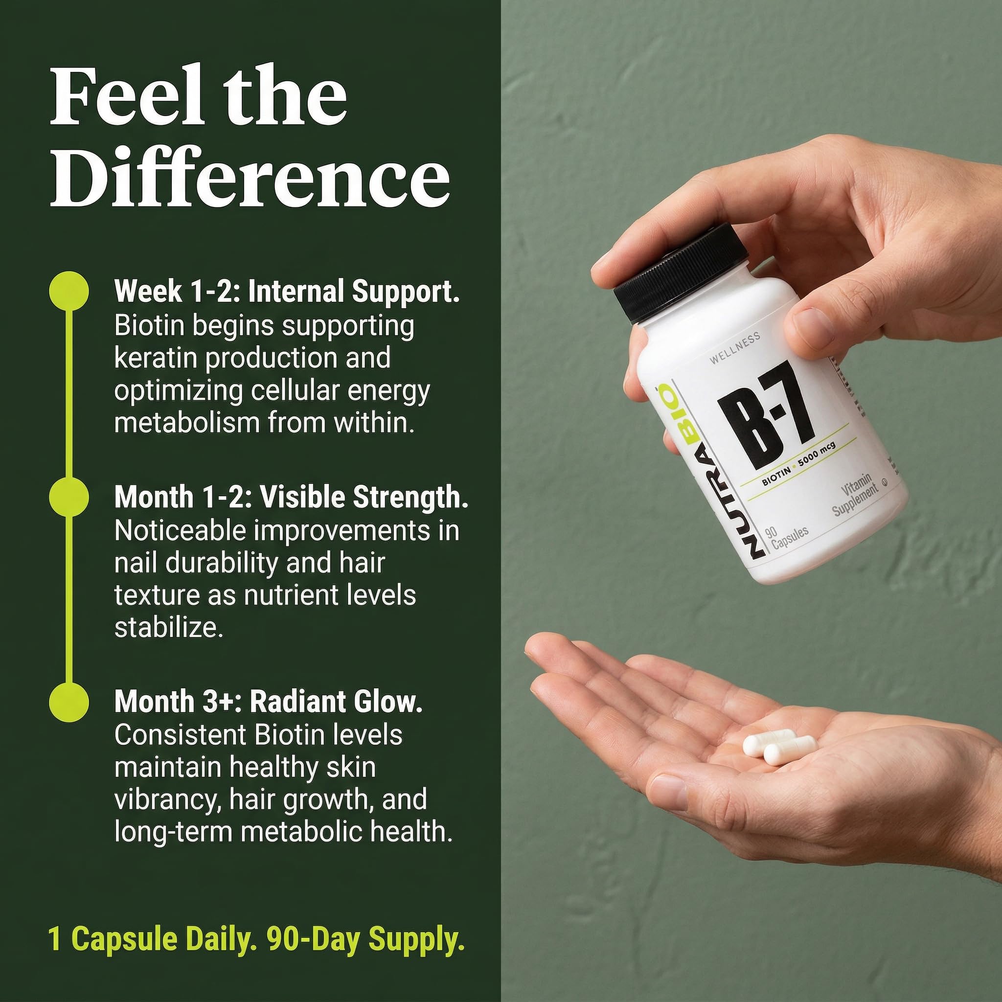 NutraBio Biotin B-7 supplement lifestyle scene with natural background