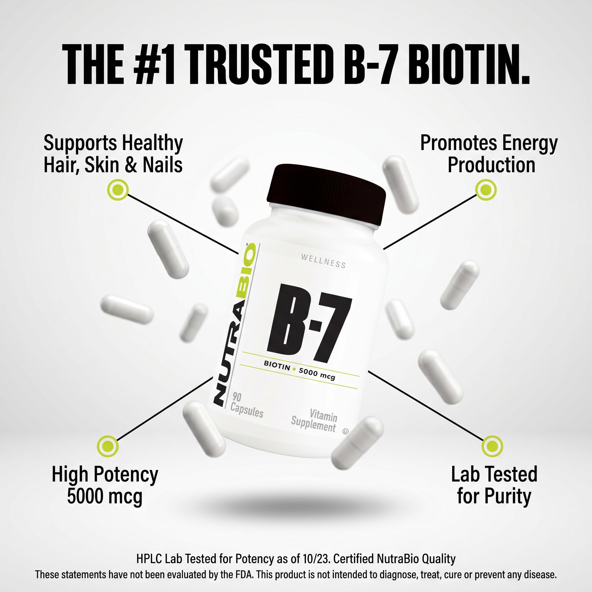 NutraBio Biotin B-7 supplement on wooden table