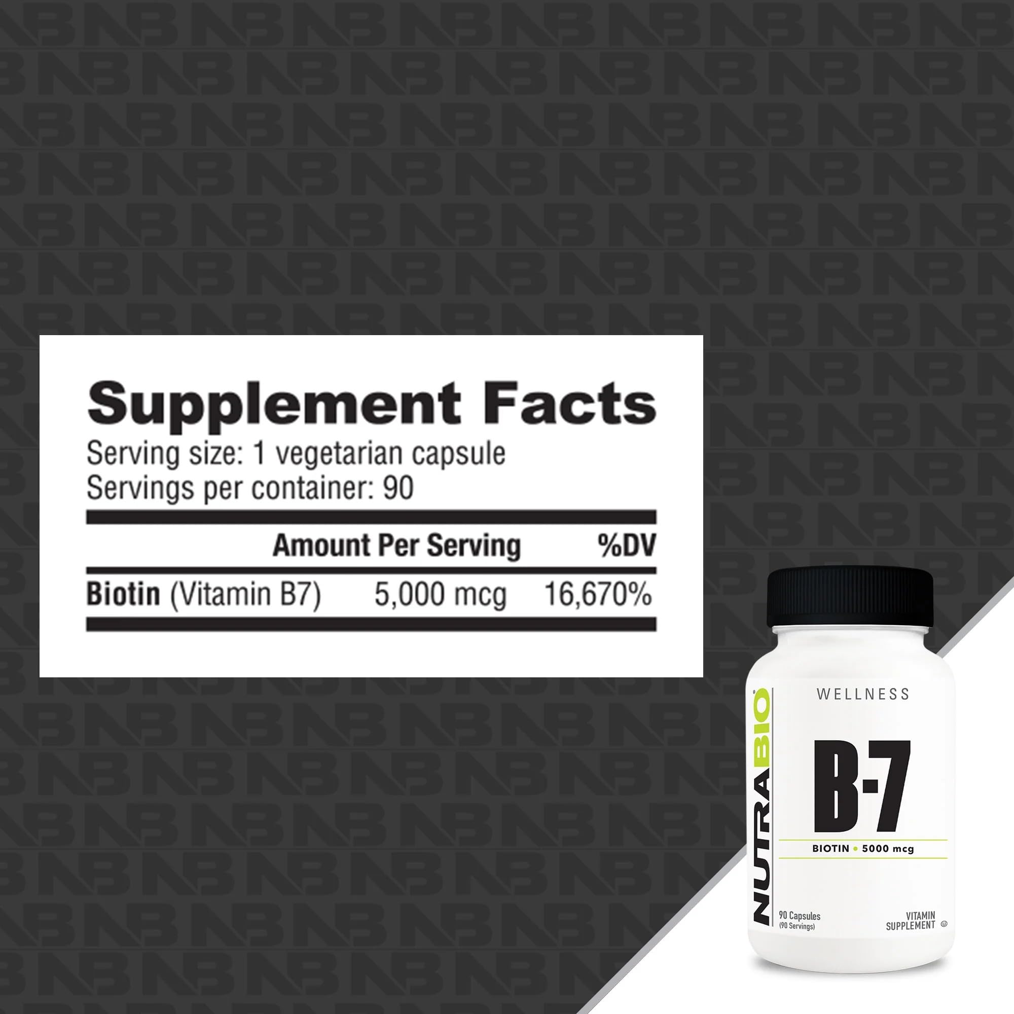 NutraBio Biotin B-7 supplement side view showing capsule