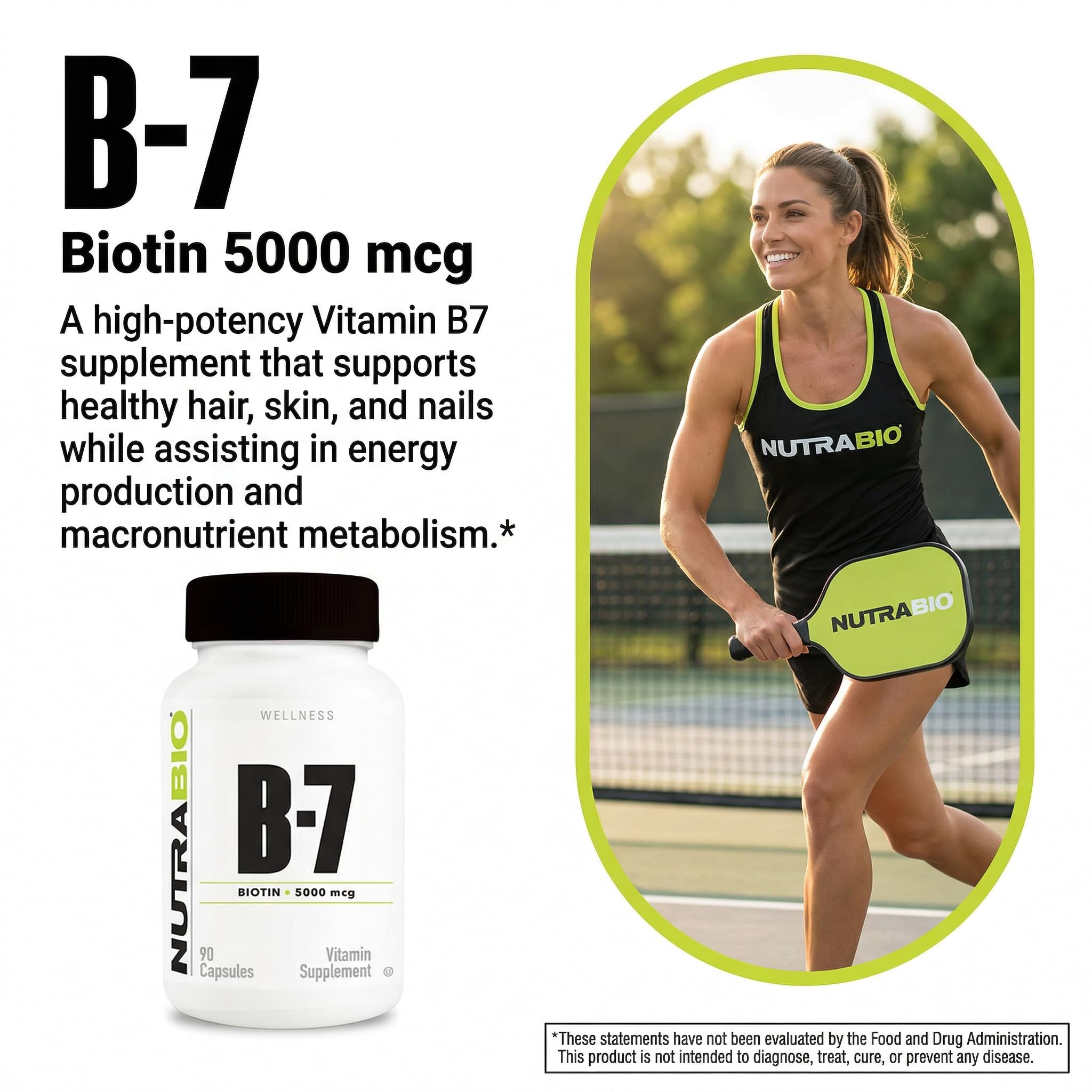 NutraBio Biotin B-7 supplement with measuring spoon