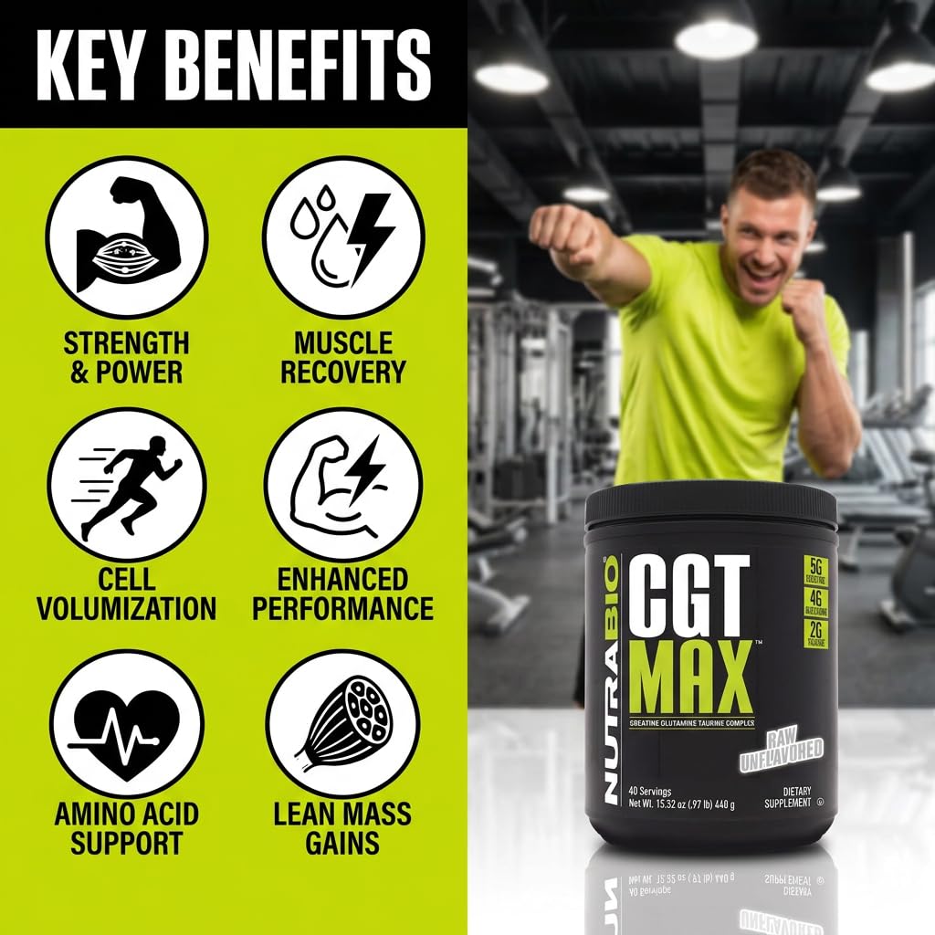 NutraBio CGT-MAX Creatine Supplement 499g on a gym bench