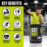 NutraBio CGT-MAX Creatine Supplement 499g on a gym bench