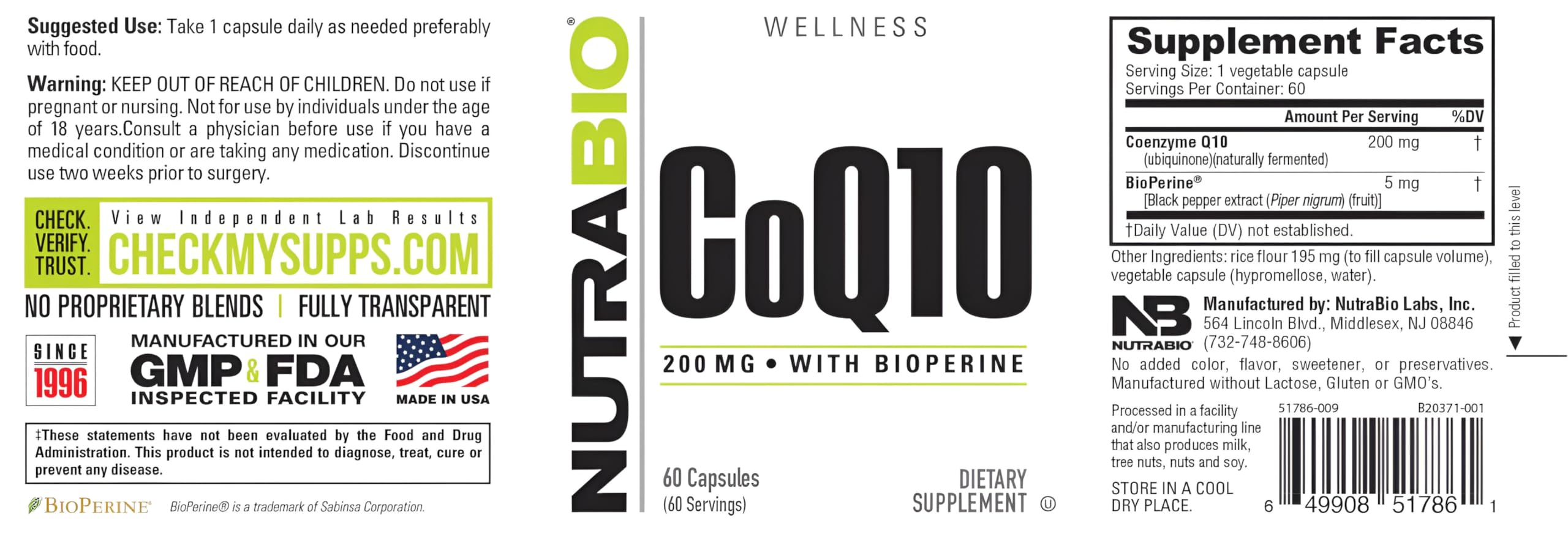 NutraBio CoQ10 Supplement 50g nutritional information