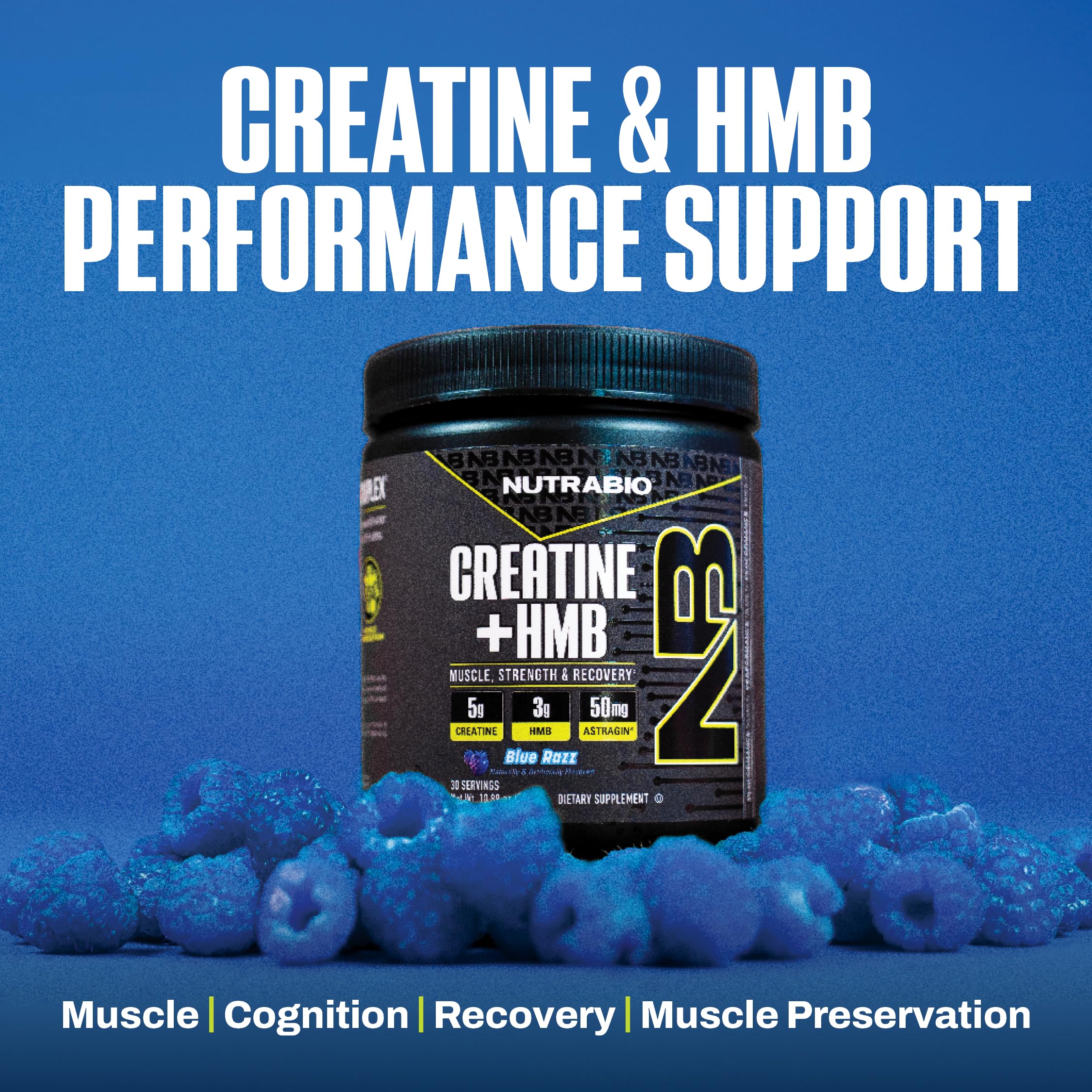 NutraBio Creatine HMB Powder container on a gym bench
