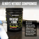 NutraBio Creatine HMB Powder container on a kitchen counter
