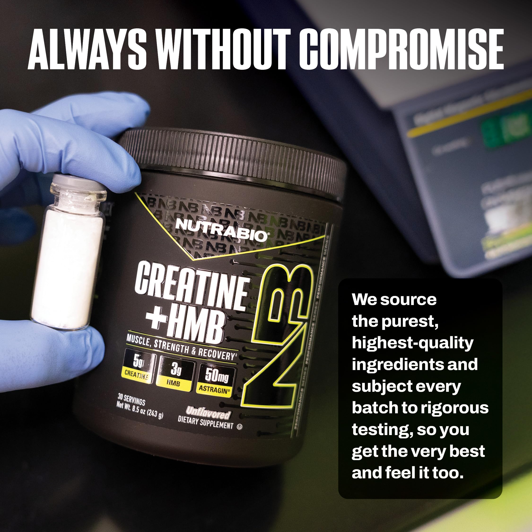 NutraBio Creatine HMB Powder displayed with fitness gear