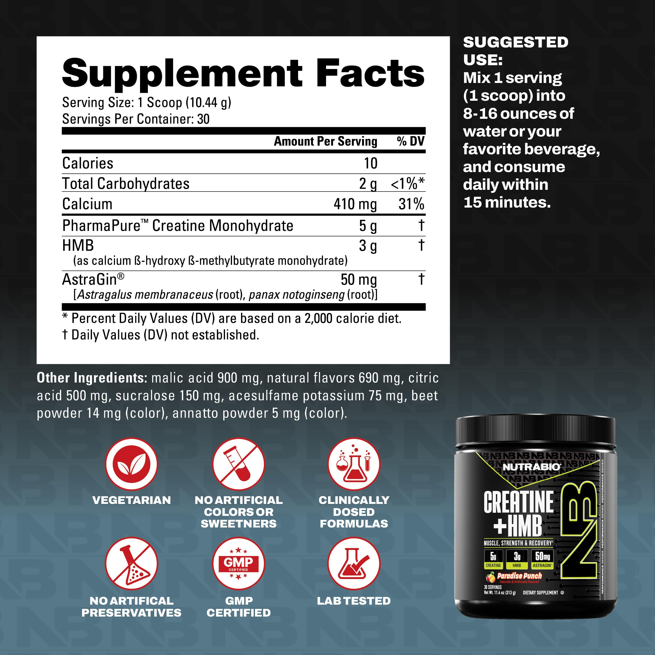NutraBio Creatine HMB Powder displayed with workout gear