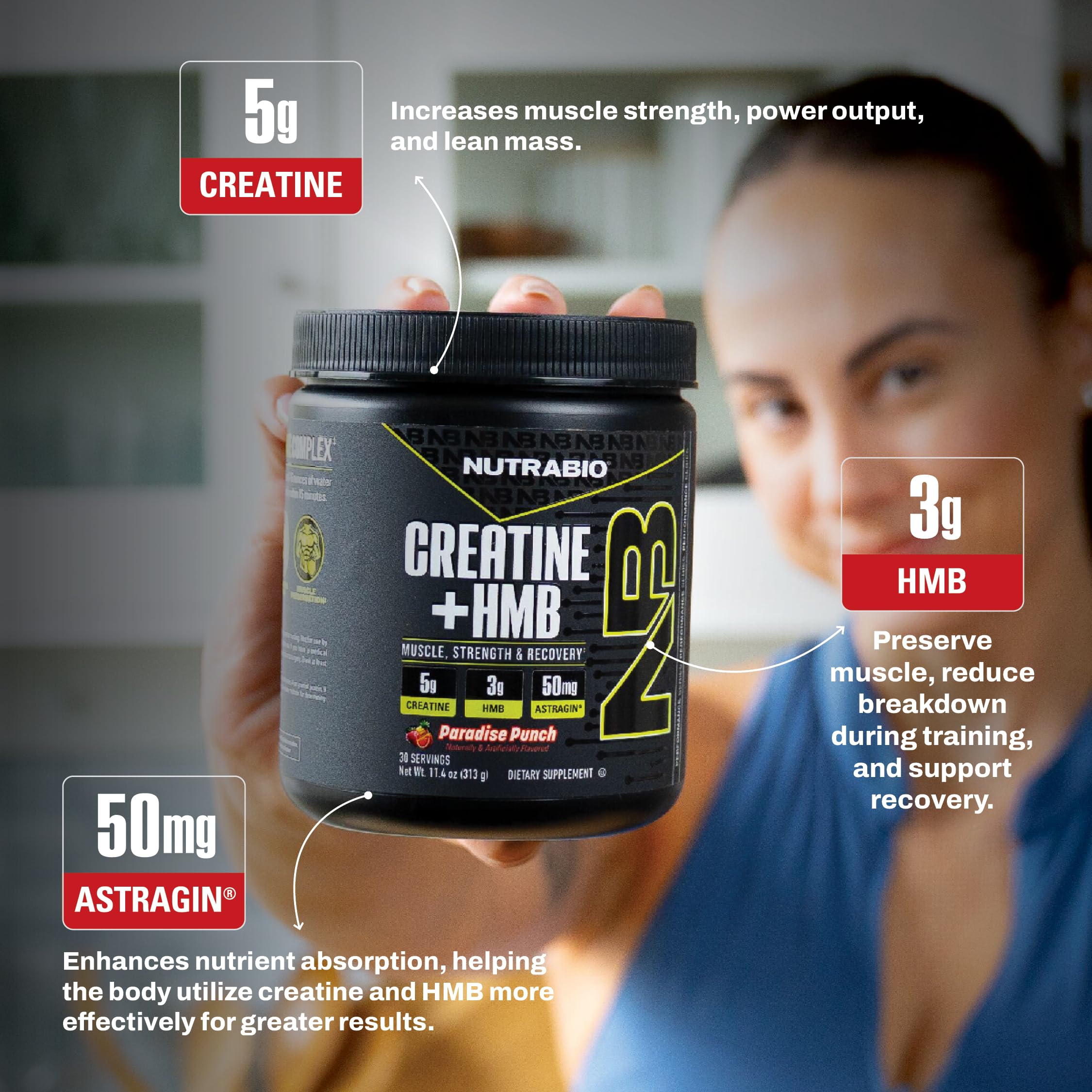 NutraBio Creatine HMB Powder ingredients list close-up