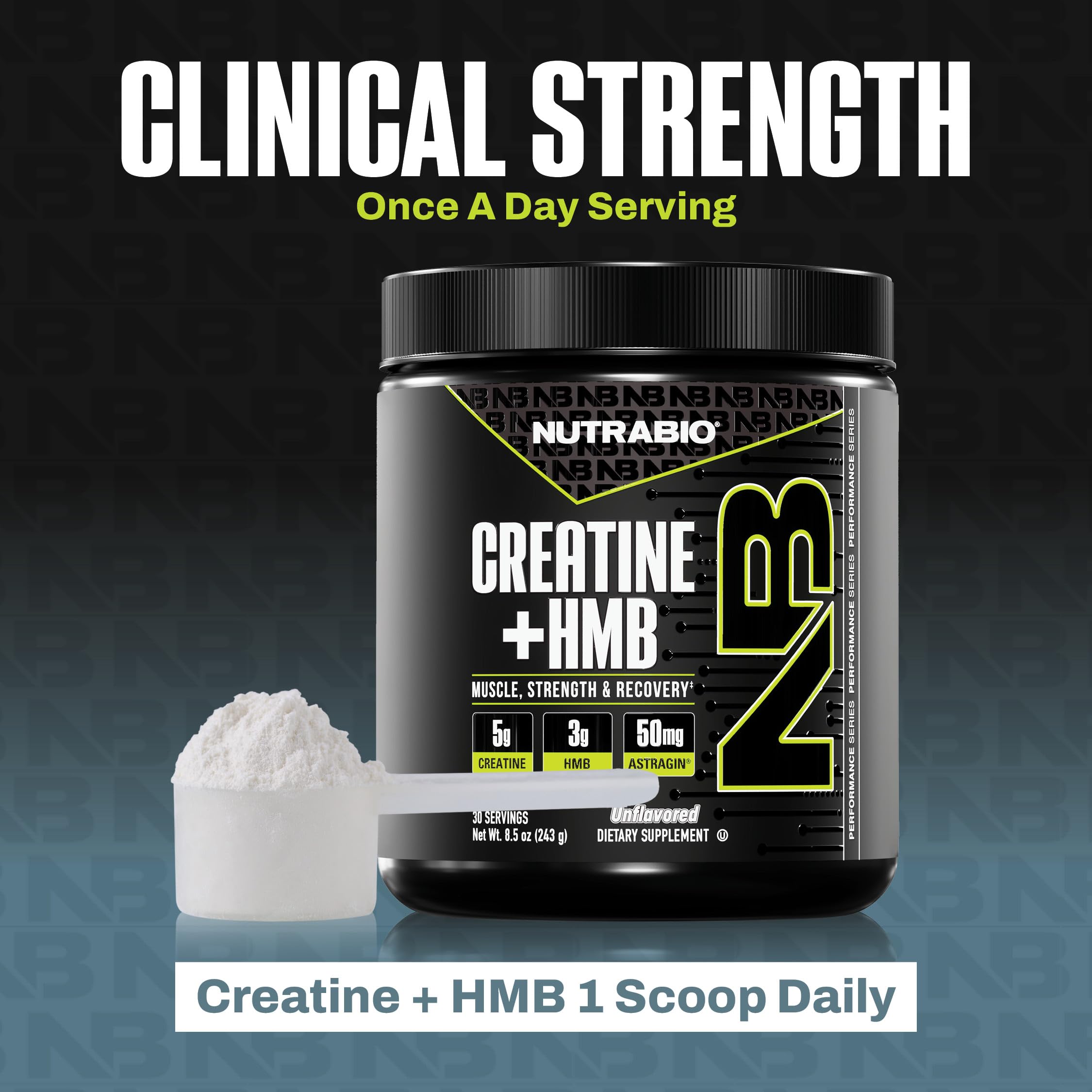 NutraBio Creatine HMB Powder next to a water bottle
