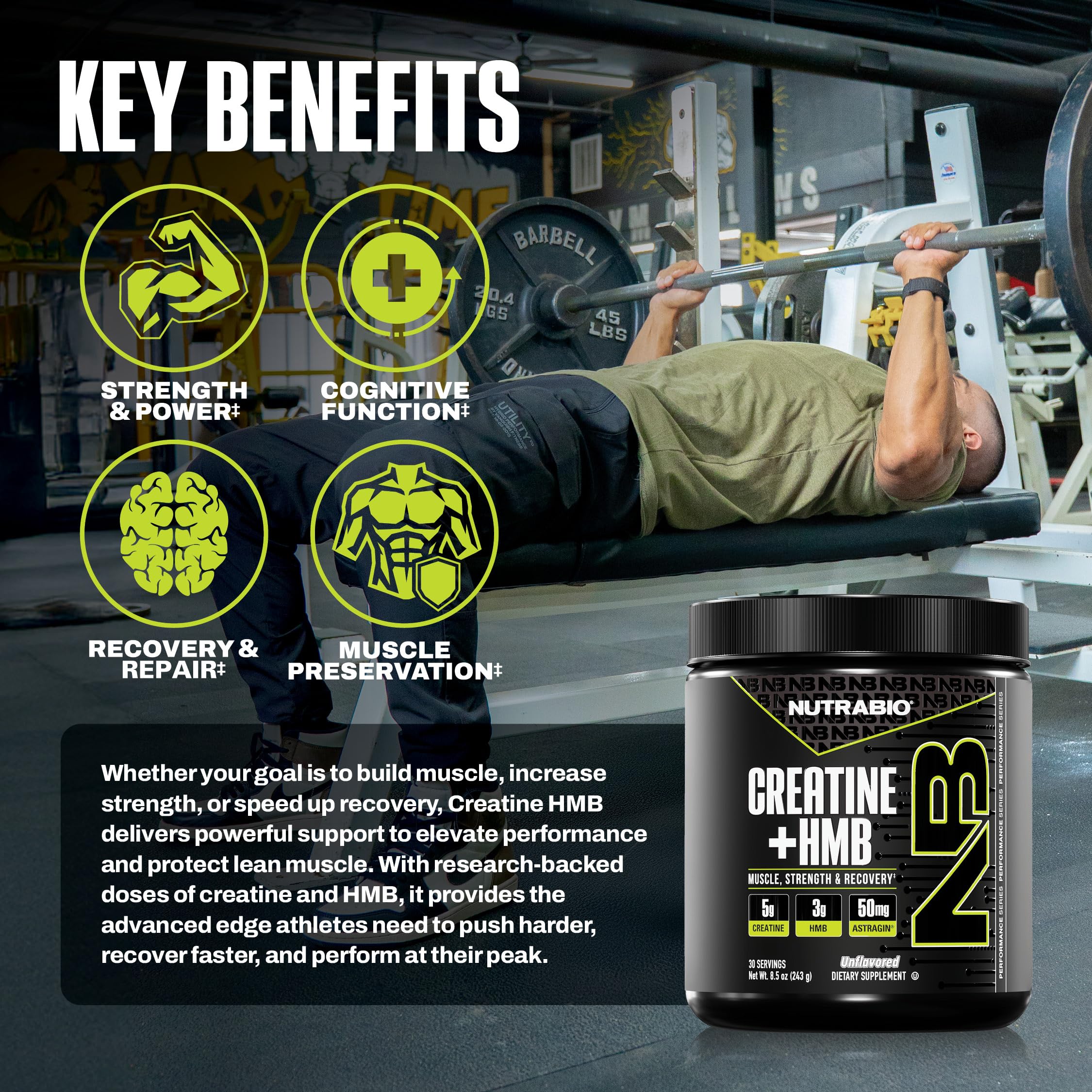 NutraBio Creatine HMB Powder scooped out on a surface