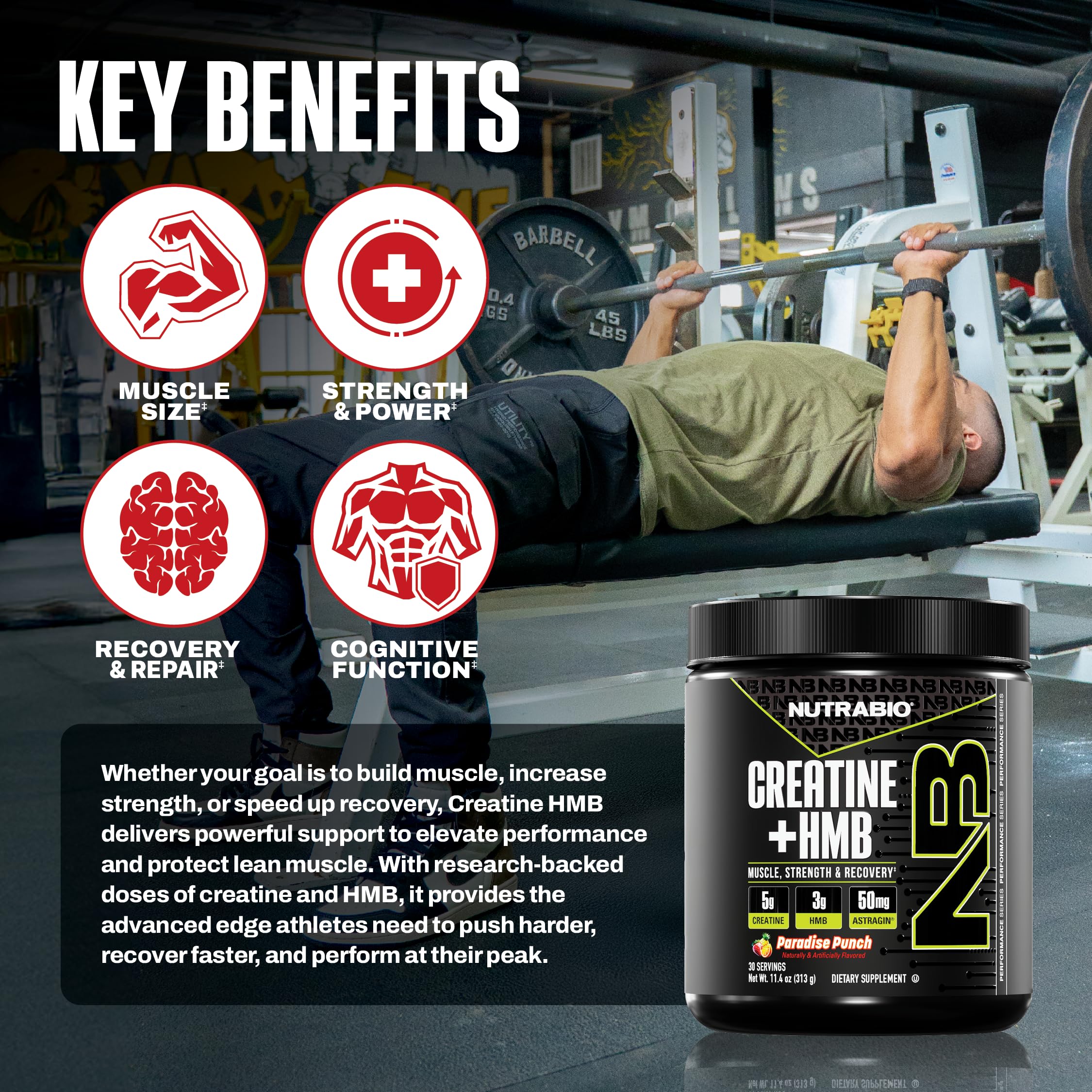 NutraBio Creatine HMB Powder side view showing packaging