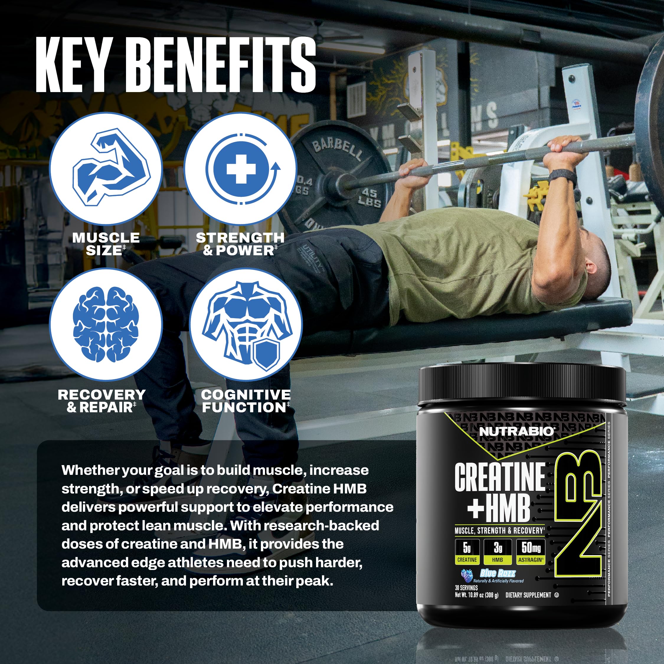 NutraBio Creatine HMB Powder side view with scoop