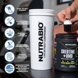NutraBio Creatine HMB Powder with gym equipment