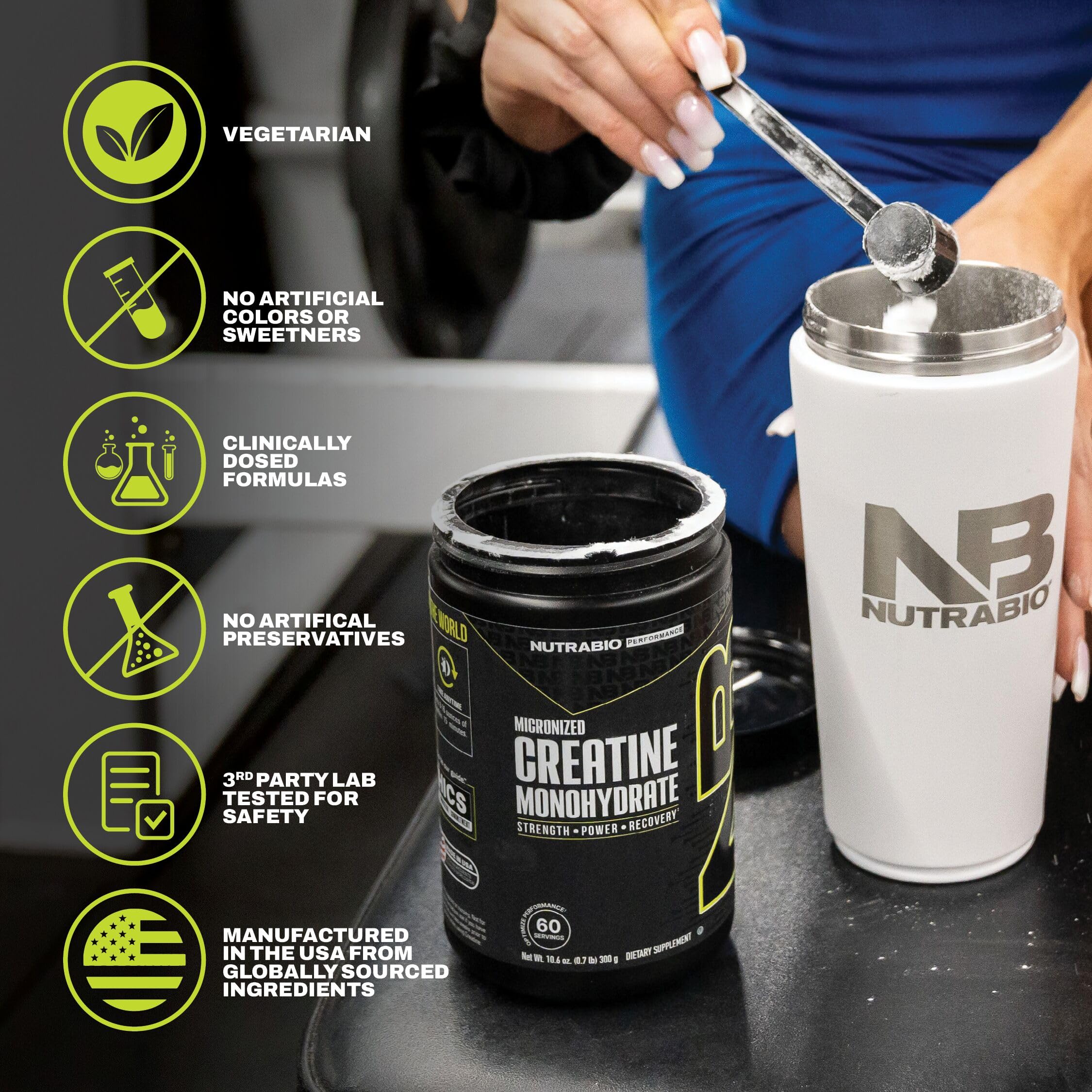 NutraBio Creatine Monohydrate 300g on a gym table