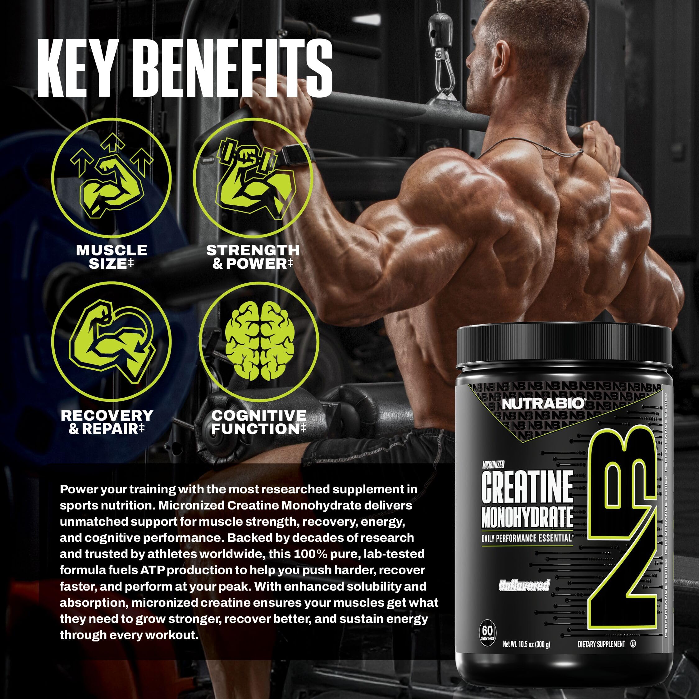 NutraBio Creatine Monohydrate 300g packaging details
