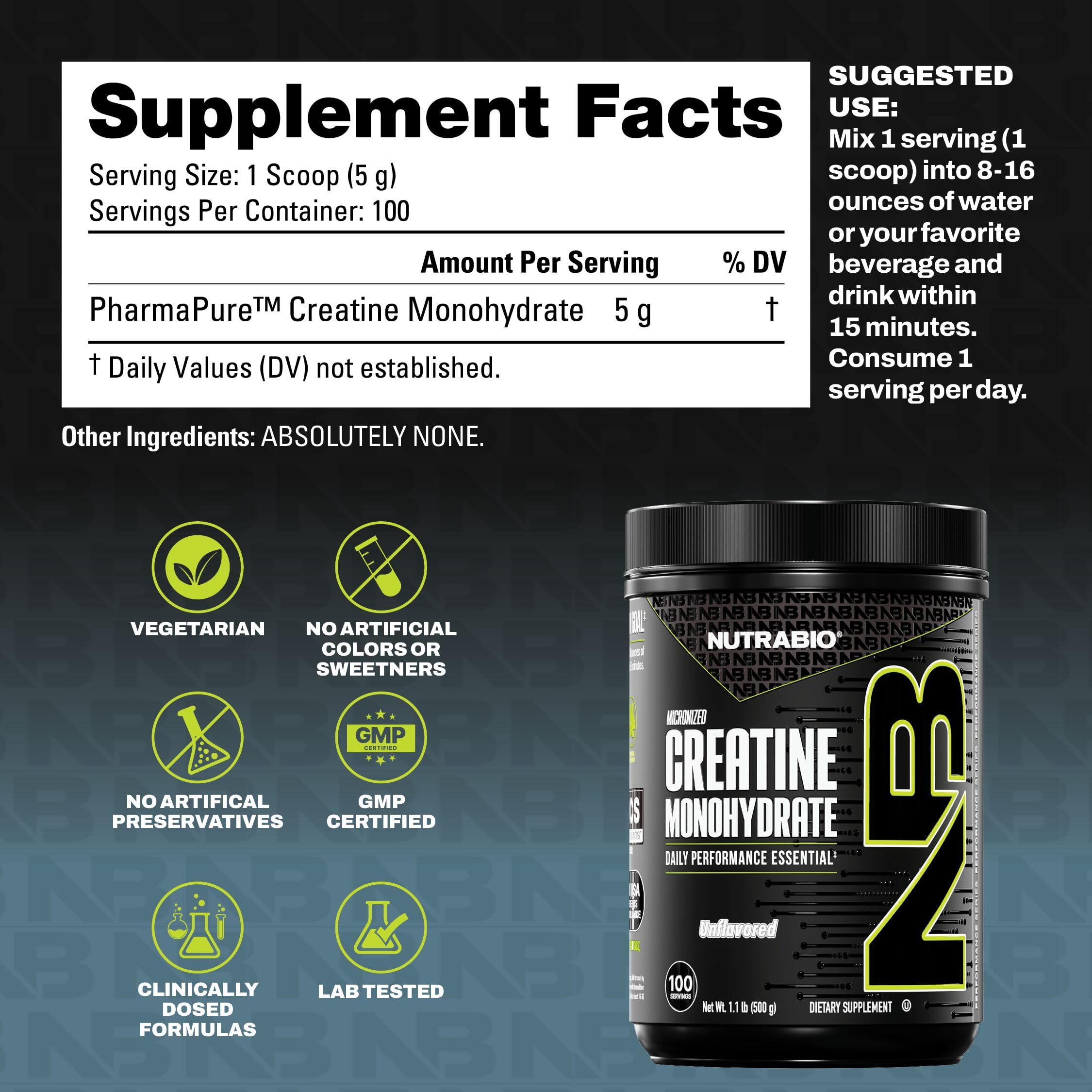 NutraBio Creatine Monohydrate 500g back view with nutritional information
